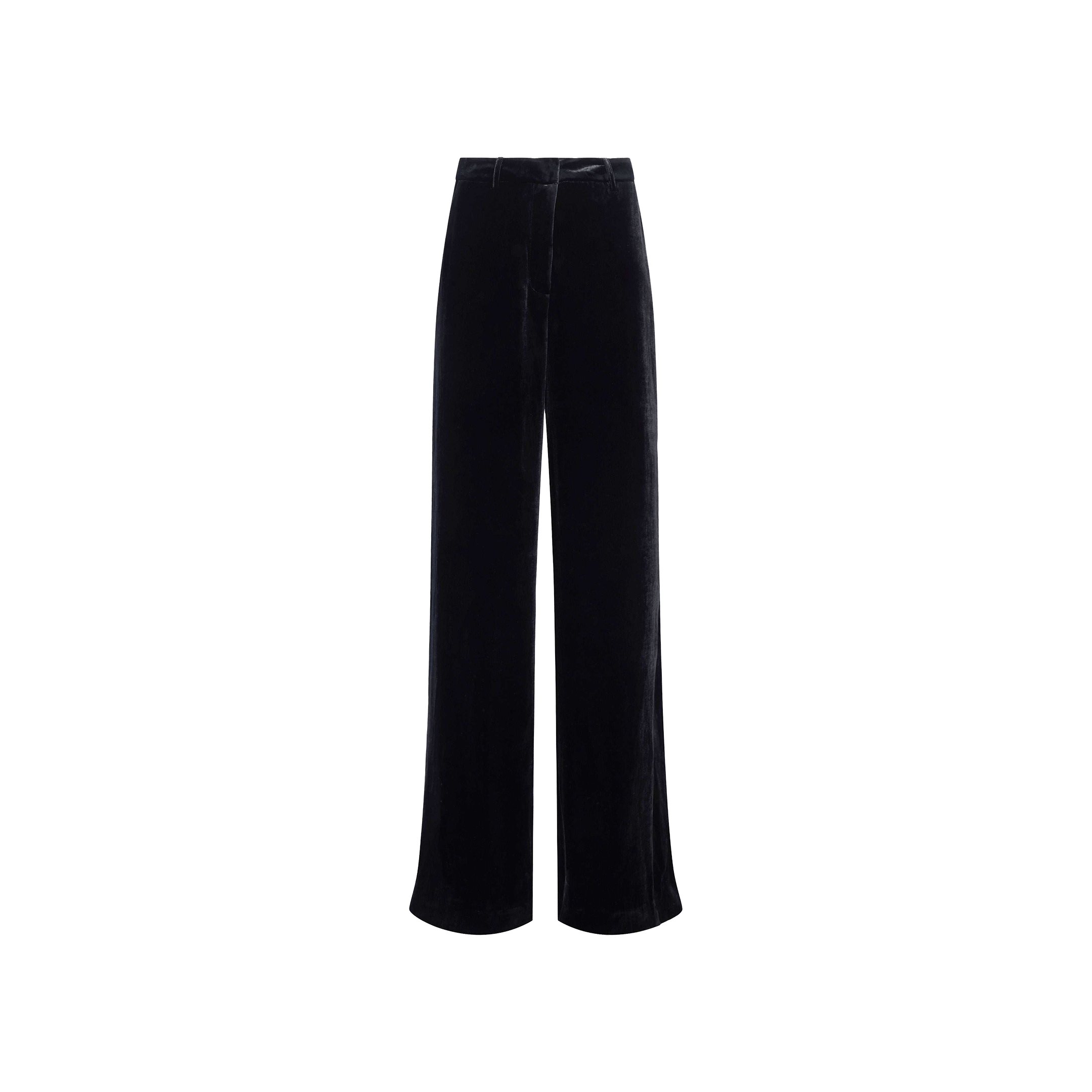 The Pilar Velvet Wide-Leg Pant features a high-rise, wide-leg silhouette with a simple, minimal design, crafted from silk-infused black velvet and showcased against a plain white background.