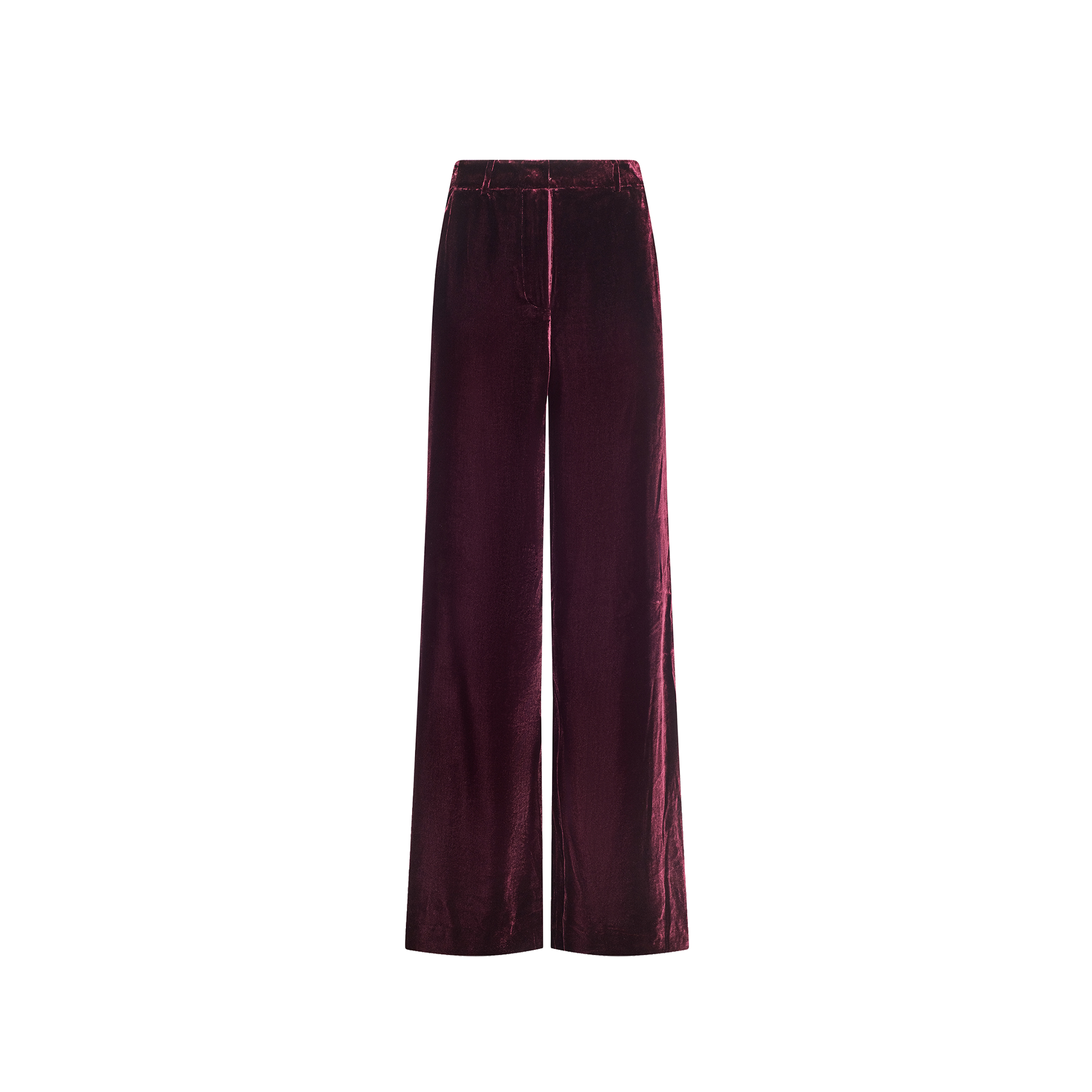 The Pilar Velvet Wide-Leg Pant in burgundy features a high waist, relaxed fit, and signature Pilar style, shown against a plain white background.