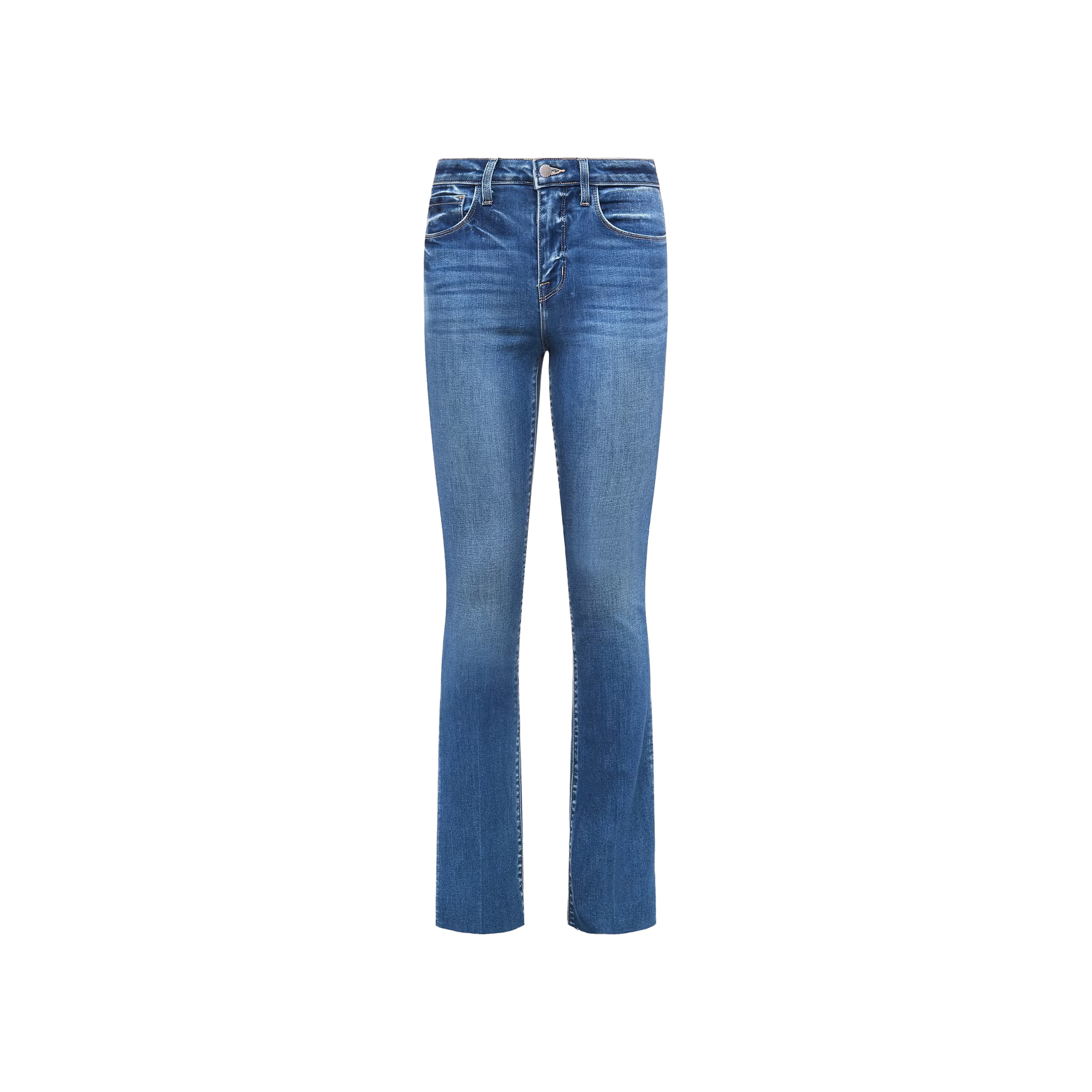 A pair of Ruth Straight-Leg Jeans in blue, featuring a high-rise waist and slight flare at the bottom, crafted from premium stretch denim and shown front-facing against a plain white background.