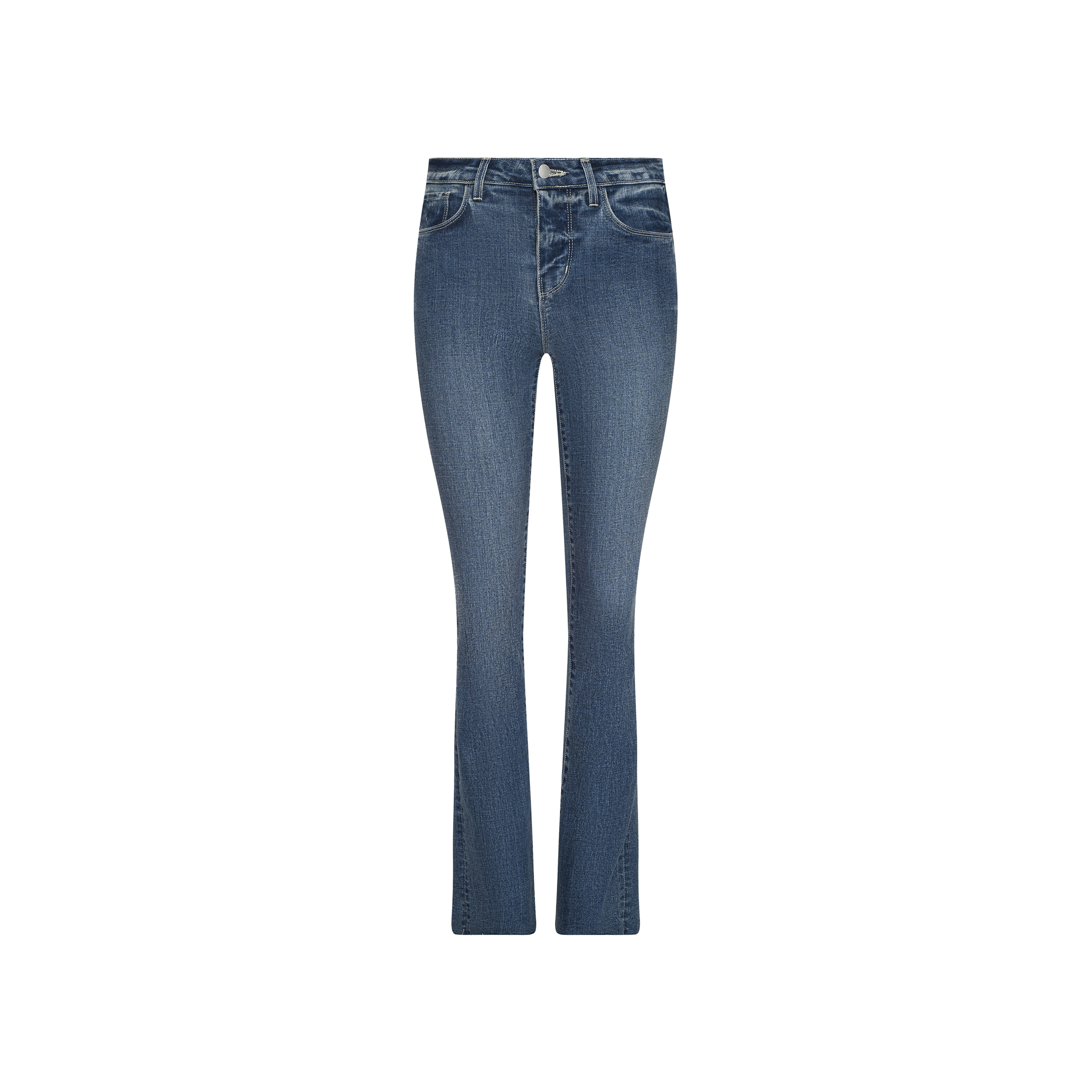 The Ruth Straight-Leg Jean, featuring indigo denim with a subtle flare at the hem, five-pocket styling, raw-edge detailing, and visible stitching, is displayed on a plain white background.