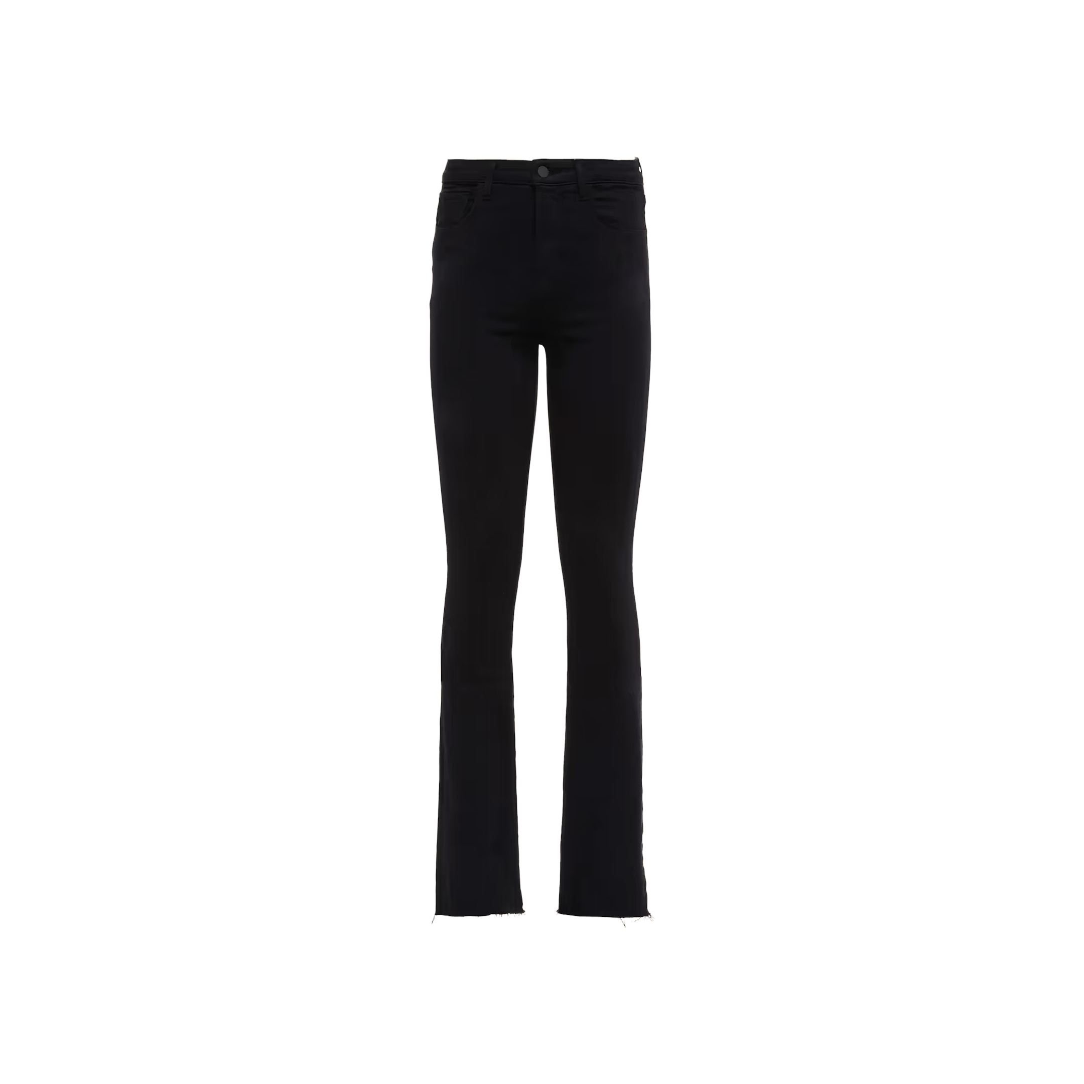 A pair of Ruth Straight-Leg Jeans in black stretch denim, featuring a high-rise waist, straight legs, and frayed hems, displayed on a plain white background.