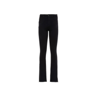 A pair of Ruth Straight-Leg Jeans in black stretch denim, featuring a high-rise waist, straight legs, and frayed hems, displayed on a plain white background.