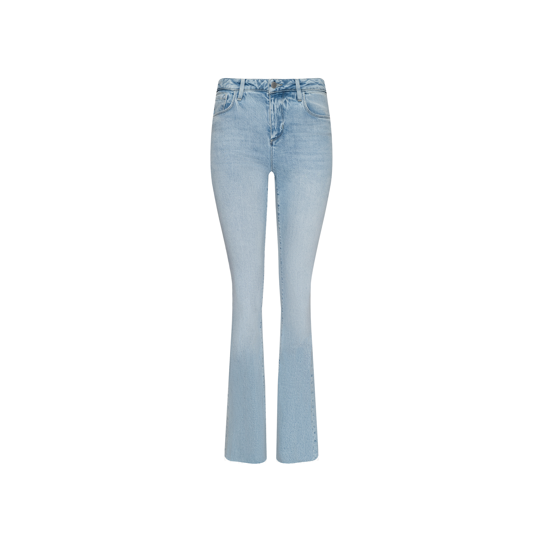 The Ruth Straight-Leg Jean features light blue stretch denim with a high waist, classic five-pocket design, and a subtle flare at the hem. Finished with a raw edge and showcased against a plain white background.