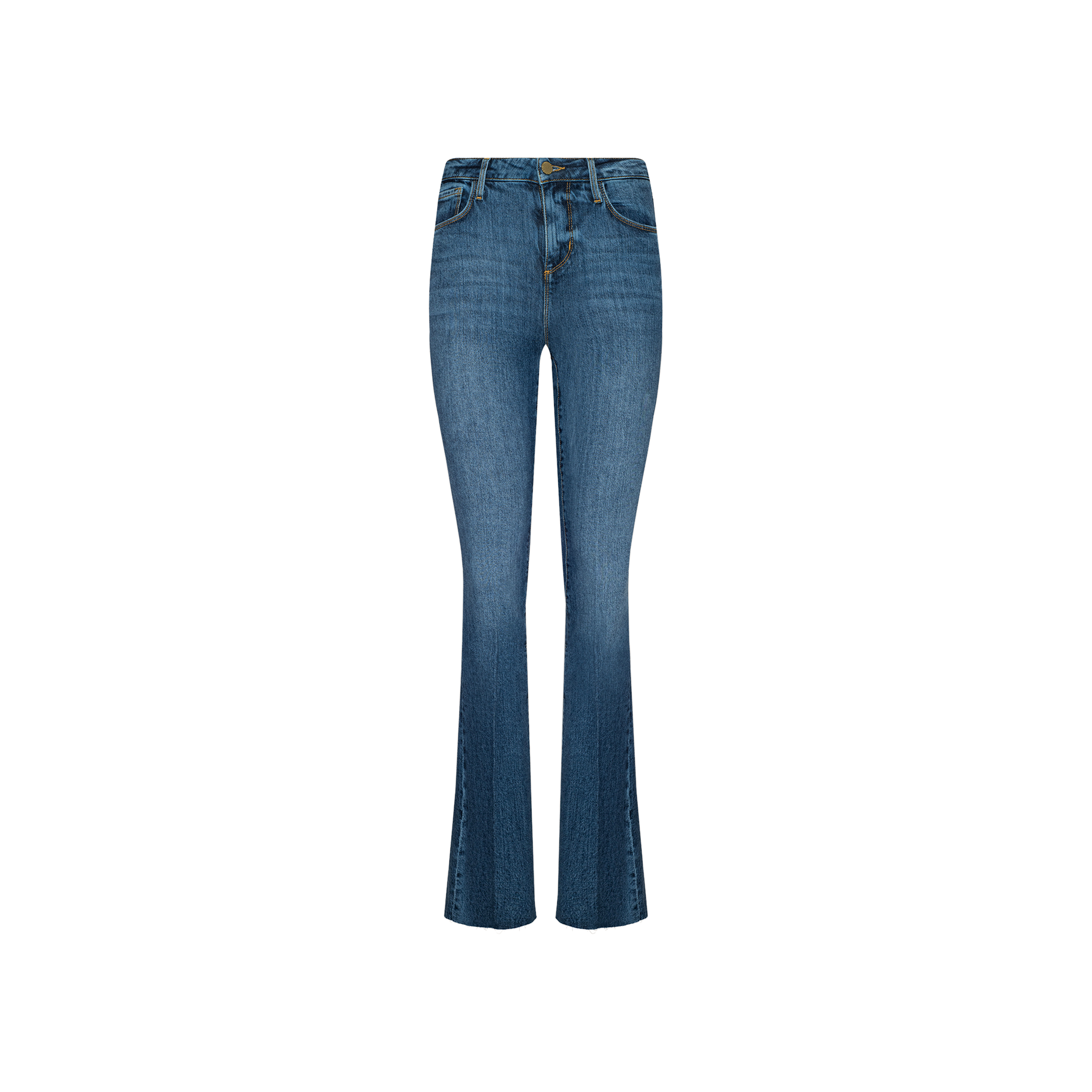 The Ruth Straight-Leg Jean, crafted from stretch denim in a medium indigo wash, features a high waist, belt loops, front button and zipper closure, and a fitted straight-leg silhouette with a slight flare at the bottom. This style is displayed against a plain white background.