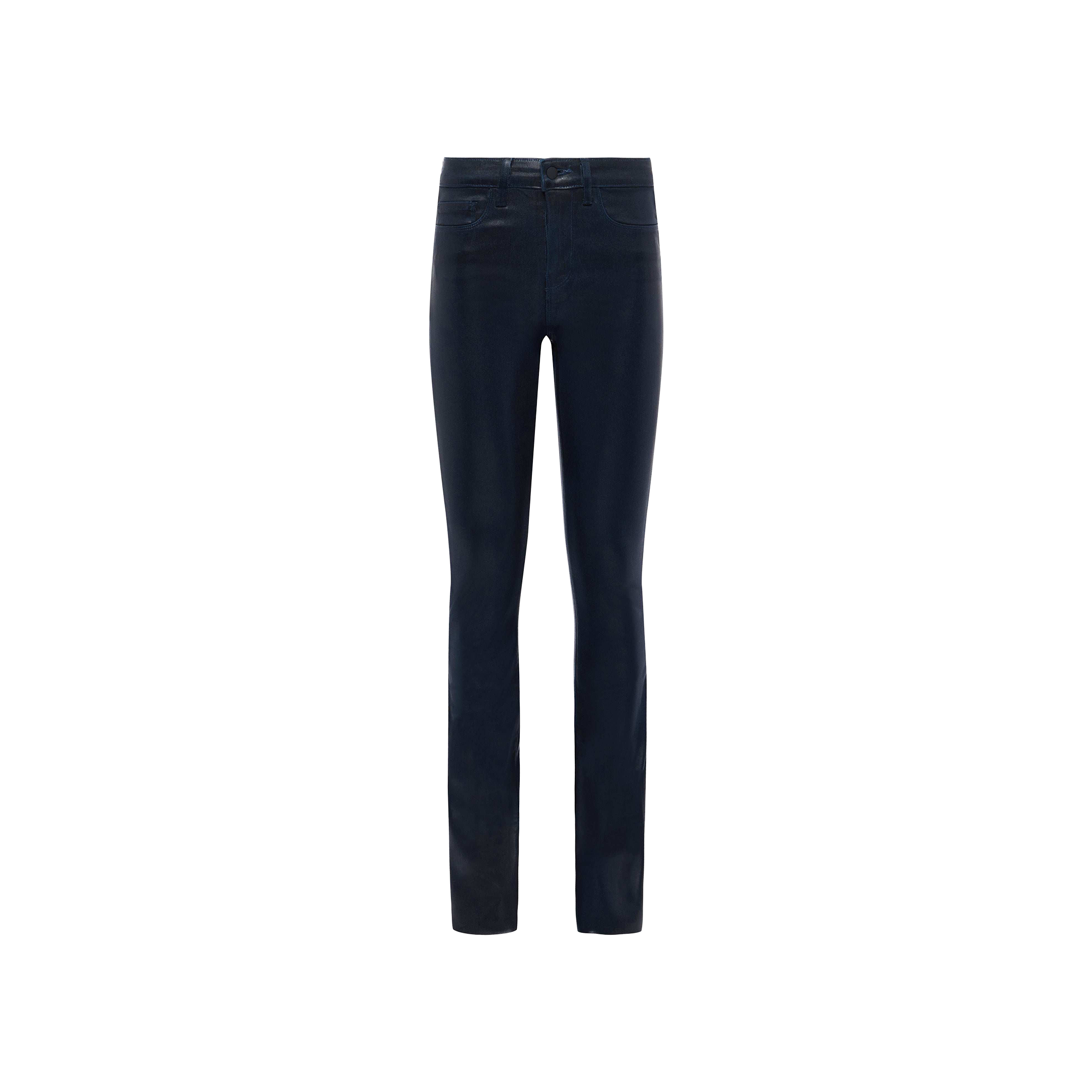 Ruth Coated Straight-Leg Jean in dark blue, featuring a high-rise fit, five pockets, and a button closure, displayed against a plain white background.