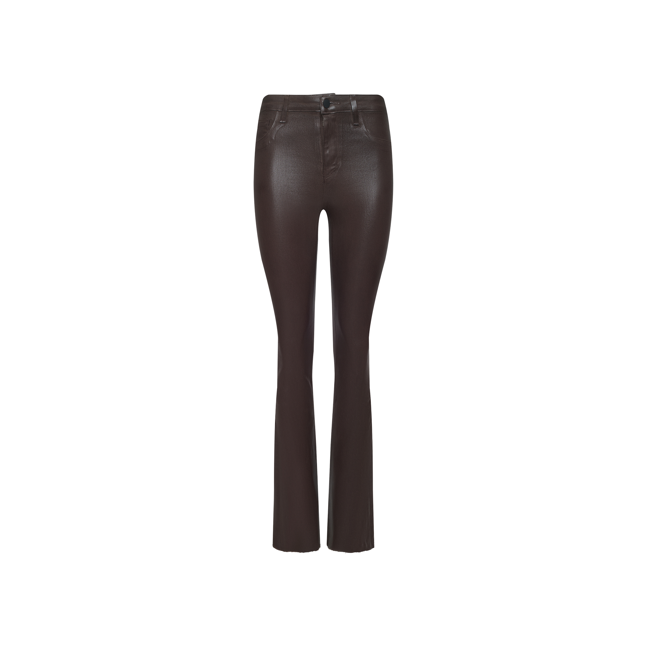 Ruth Coated Straight-Leg Jean featuring a brown coated finish, front button and zipper closure, slim straight-leg silhouette, raw hem, and belt loops, displayed on a plain white background.