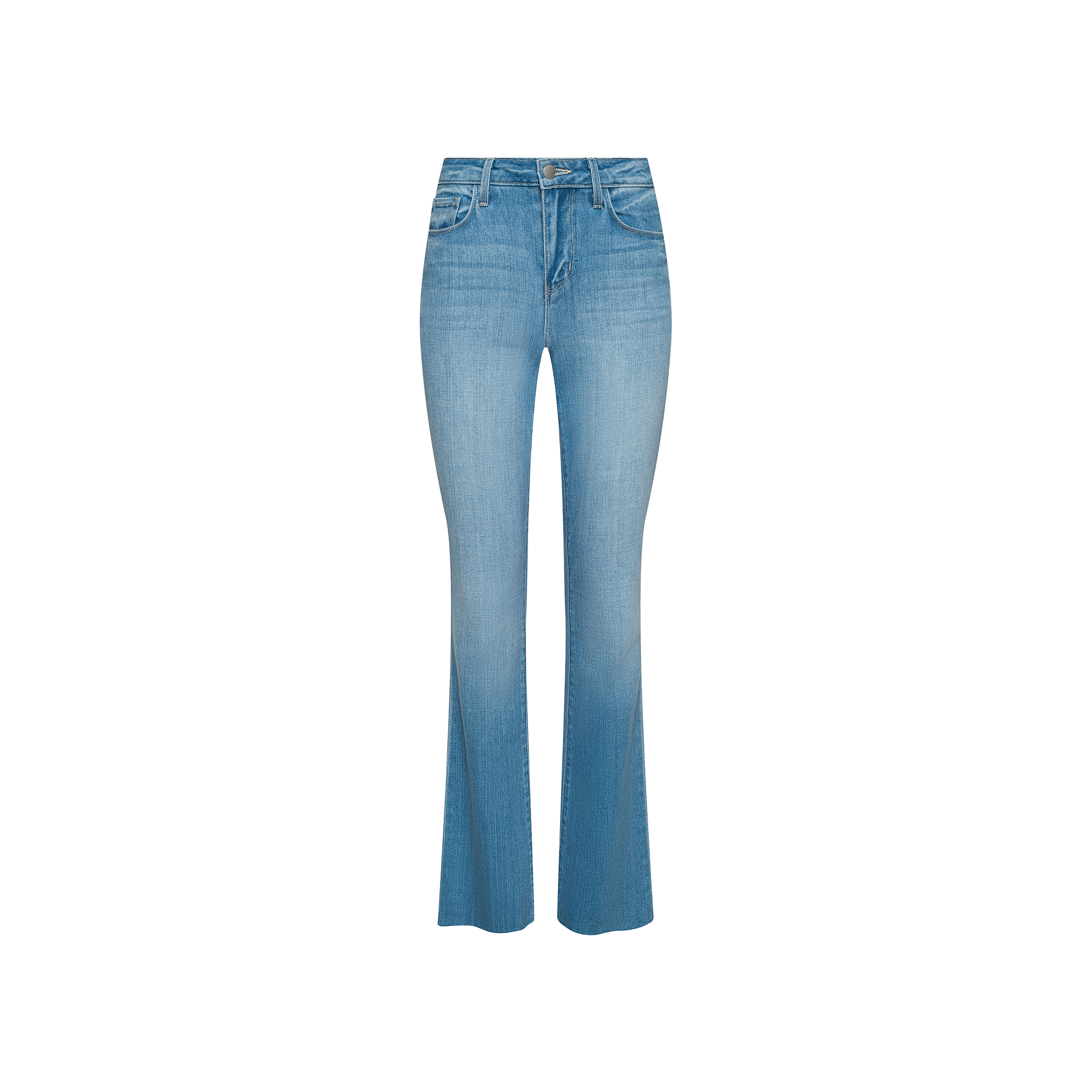 Ruth Straight-Leg Jean in light indigo features a high-waisted fit, classic five-pocket design, light blue wash with subtle front fading, and is displayed on a plain white background.