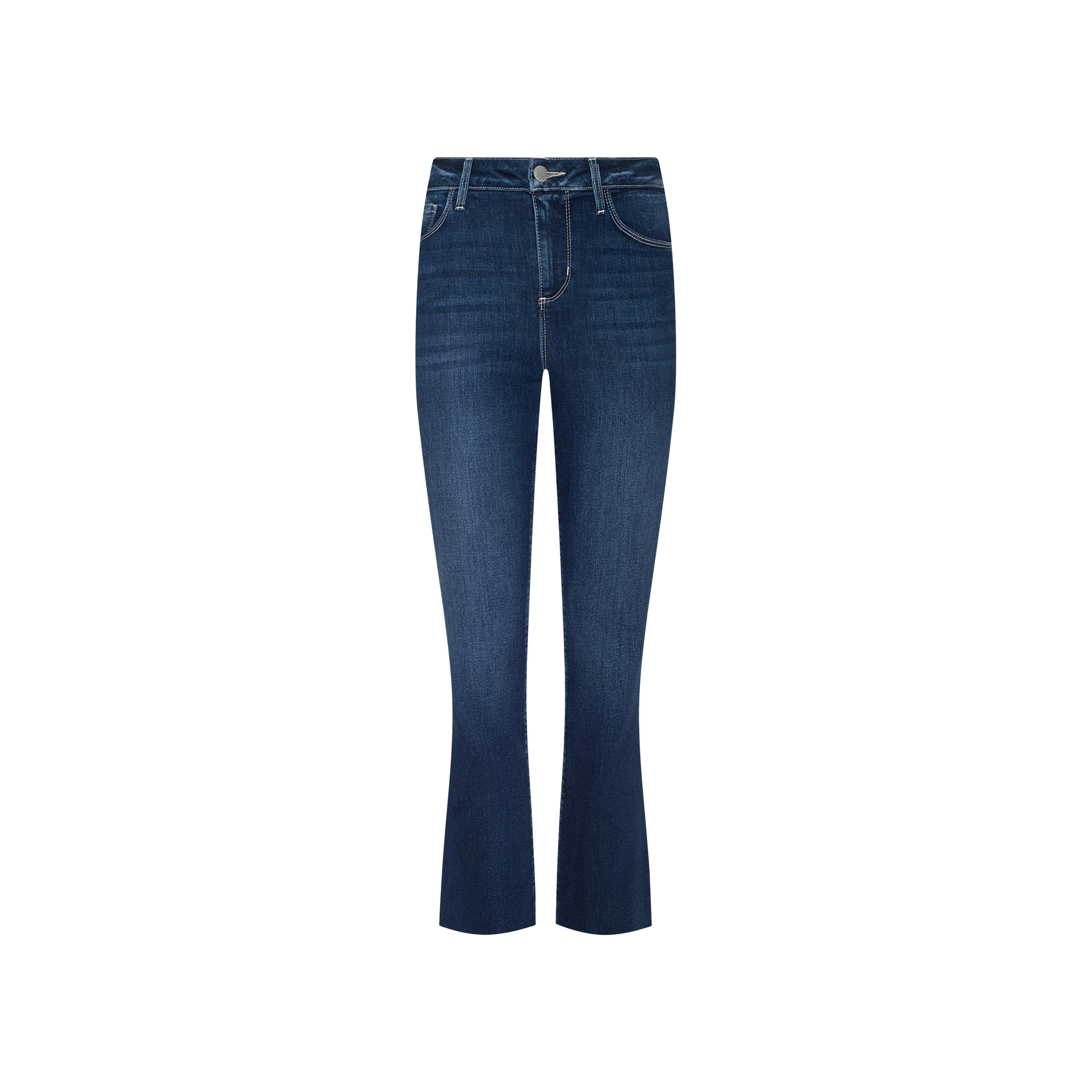 The Kendra Cropped Flare Jean features a high rise, fitted hips, and dark blue super stretch denim. Designed with slightly flared cropped legs, these jeans include front pockets, belt loops, and visible stitching, shown against a plain white background.