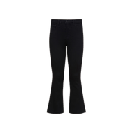 The Kendra Cropped Flare Jean is featured in a classic black hue, expertly crafted from premium denim with a mid-rise waist, front and back pockets, and a secure button and zipper closure, displayed against a plain white background.