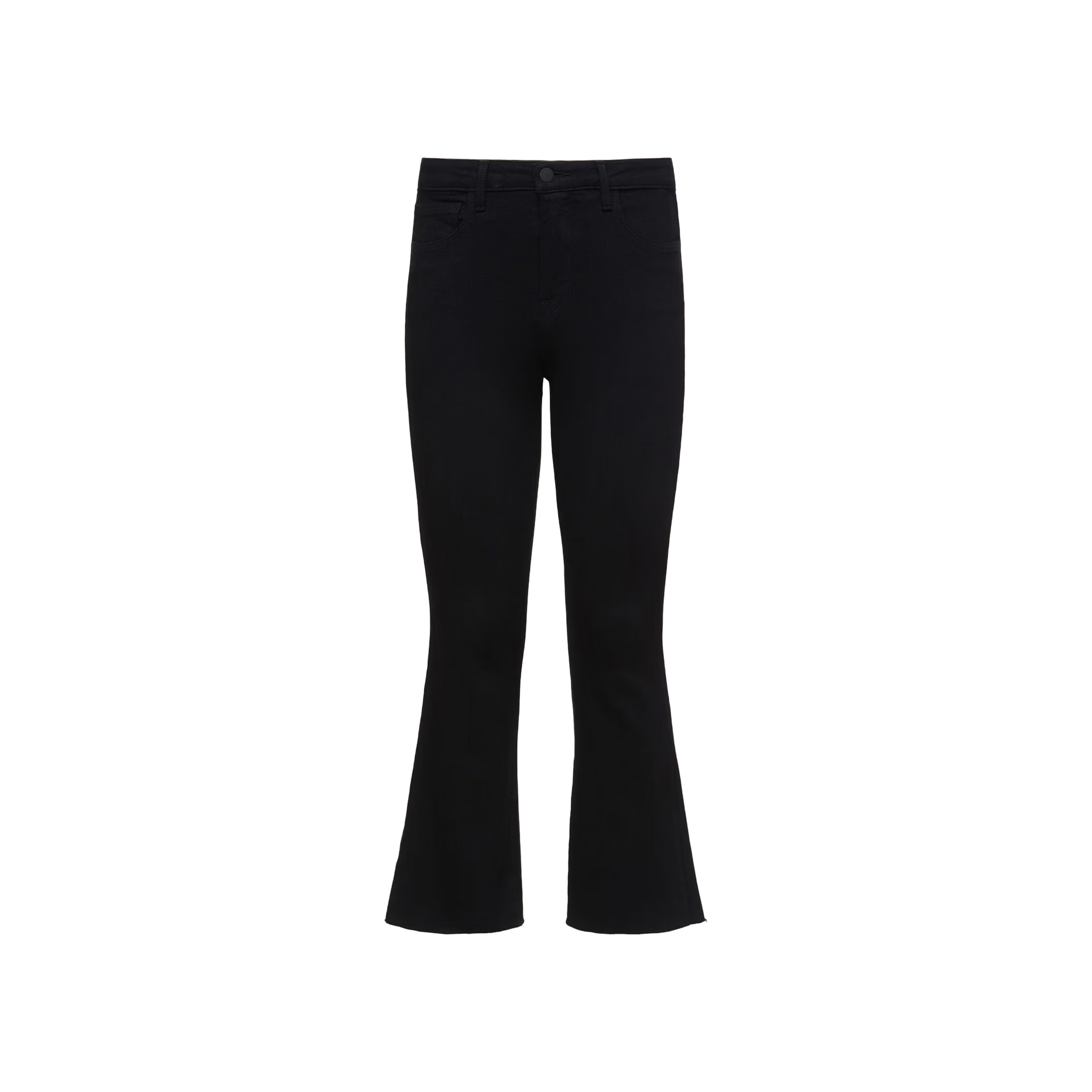 The Kendra Cropped Flare Jean is featured in a classic black hue, expertly crafted from premium denim with a mid-rise waist, front and back pockets, and a secure button and zipper closure, displayed against a plain white background.