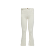 The Kendra Cropped Flare Jean for women features a high-waisted fit in vintage white, button and zipper closure, front and back pockets, and slightly flared raw-edge hems, shown on a plain white background.