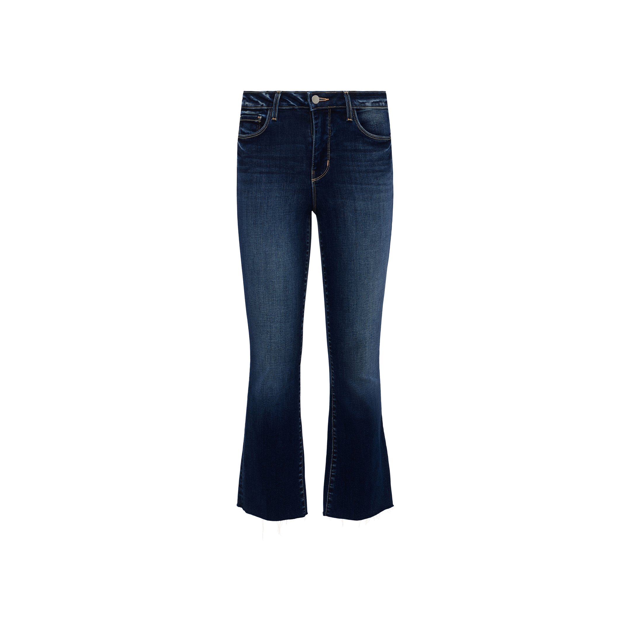 The Kendra Cropped Flare Jean features a dark blue wash in stretch denim with a subtle faded effect, front button and zipper closure, classic five-pocket construction, and slightly flared cropped legs. Presented against a plain white background.