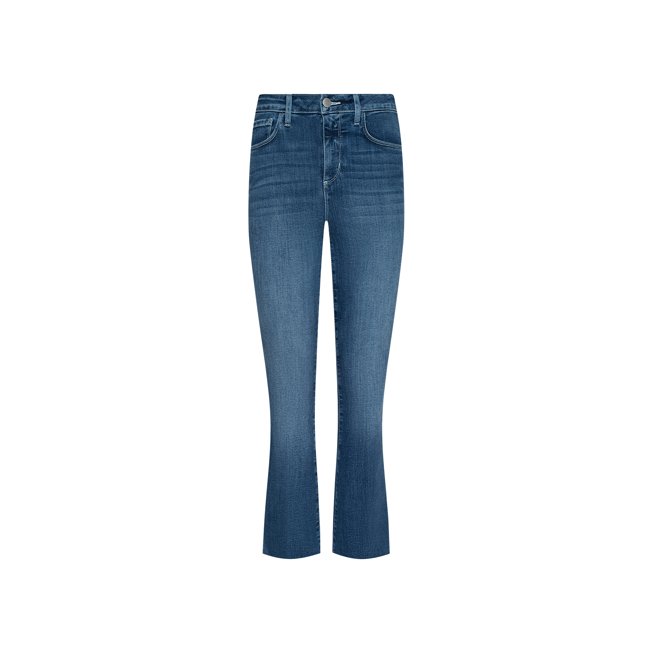Introducing the Kendra Cropped Flare Jean, featuring a high waist with a front zipper and button closure. Crafted from super stretch denim in a dark wash, these jeans offer both front and back pockets and are designed with a subtle cropped flare at the hem. Presented against a plain white background.