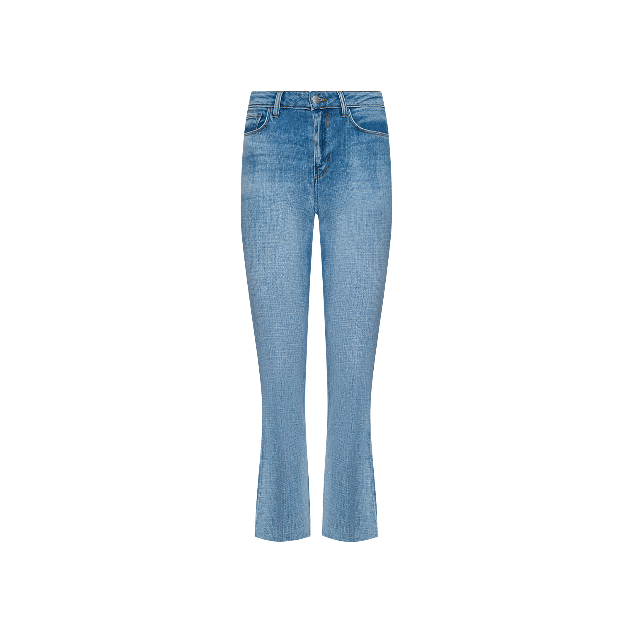 The Kendra Cropped Flare Jean features a light wash, kick flare leg, and a fitted waist, shown against a plain white background.