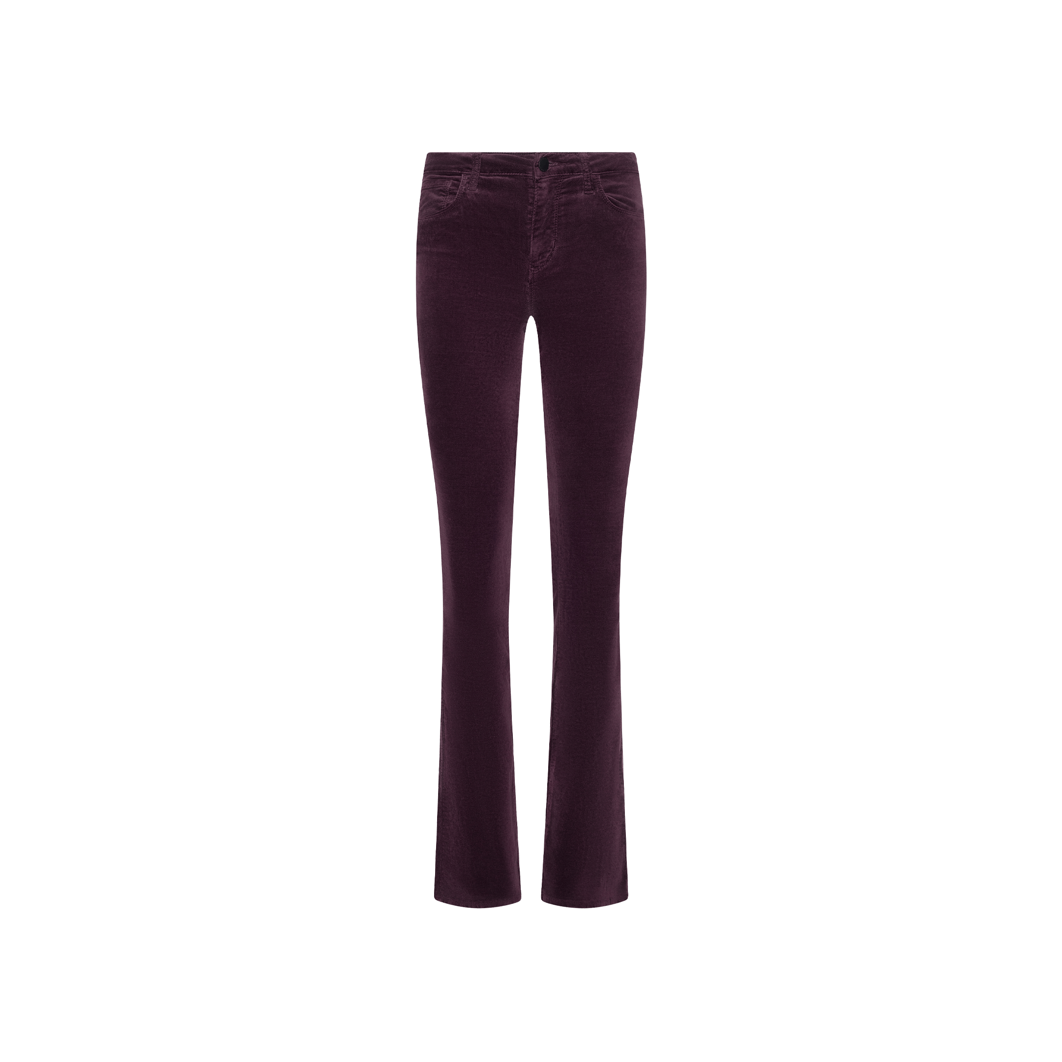 The Stevie Velvet Jean is a pair of plum-colored stretch velvet jeans featuring a fitted waist, button and zip closure, and slightly flared legs, displayed on a white background.