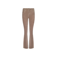 Stevie Velvet Jean in a high-rise, light brown design with a straight leg silhouette and slight flare at the ankles, shown against a white background.