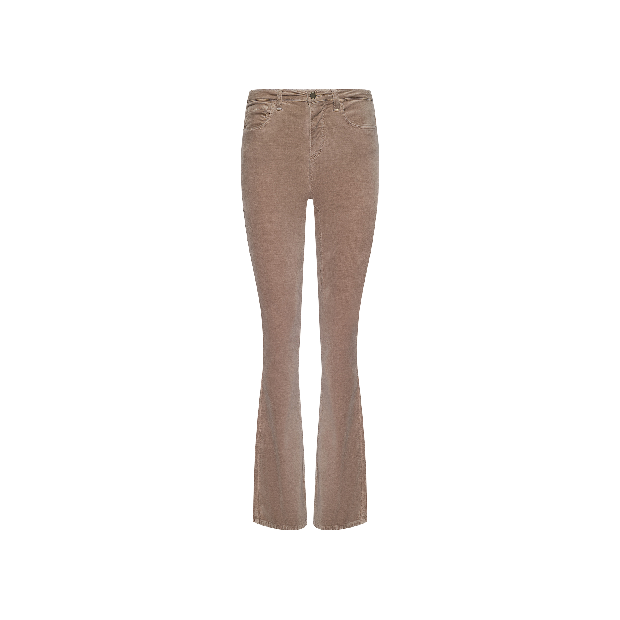 Stevie Velvet Jean in a high-rise, light brown design with a straight leg silhouette and slight flare at the ankles, shown against a white background.