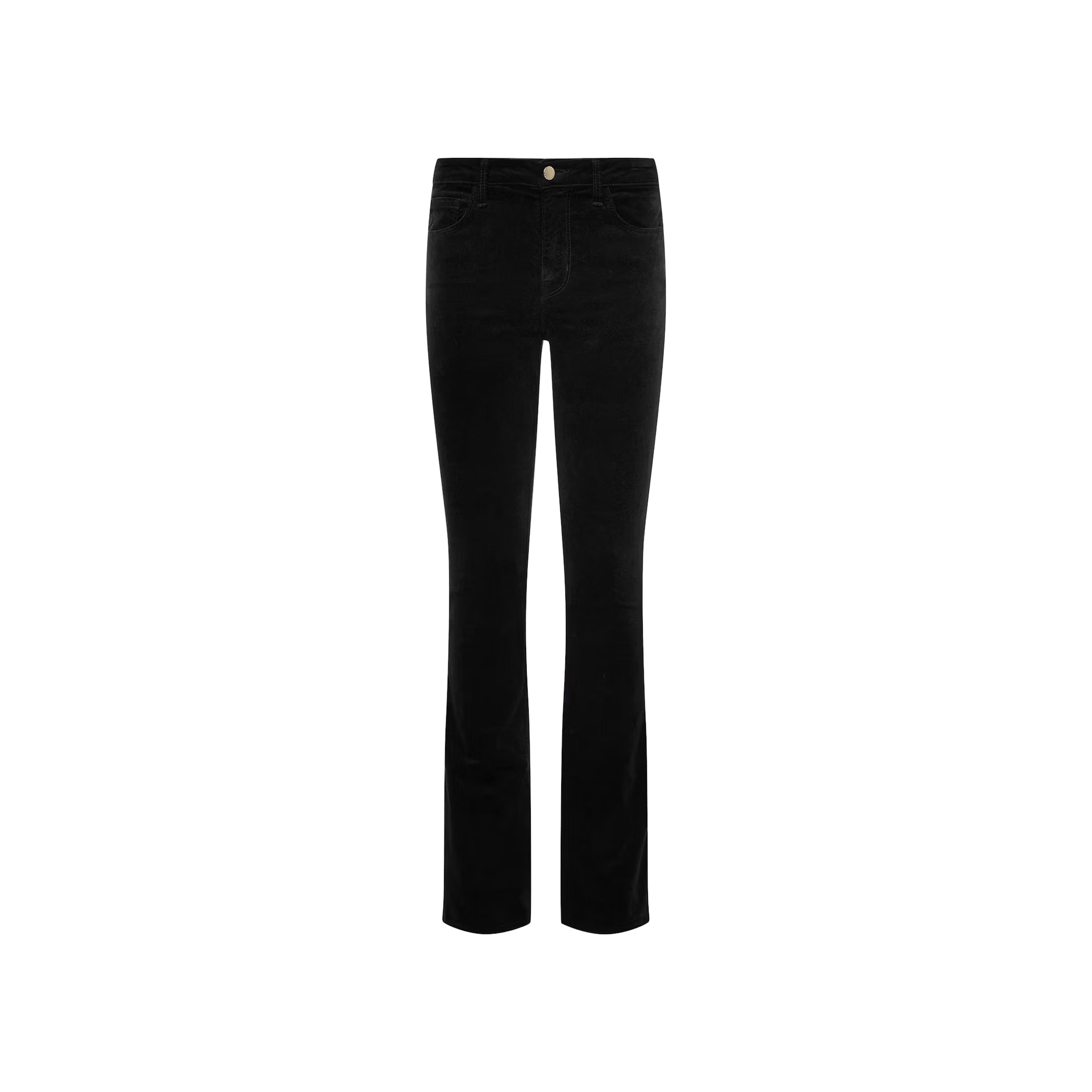 The Stevie Velvet Jean features a straight-leg fit, mid-rise waist, front button closure, and both front and back pockets, shown here in black on a plain white background.