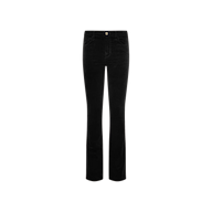 The Stevie Velvet Jean features a straight-leg fit, mid-rise waist, front button closure, and both front and back pockets, shown here in black on a plain white background.