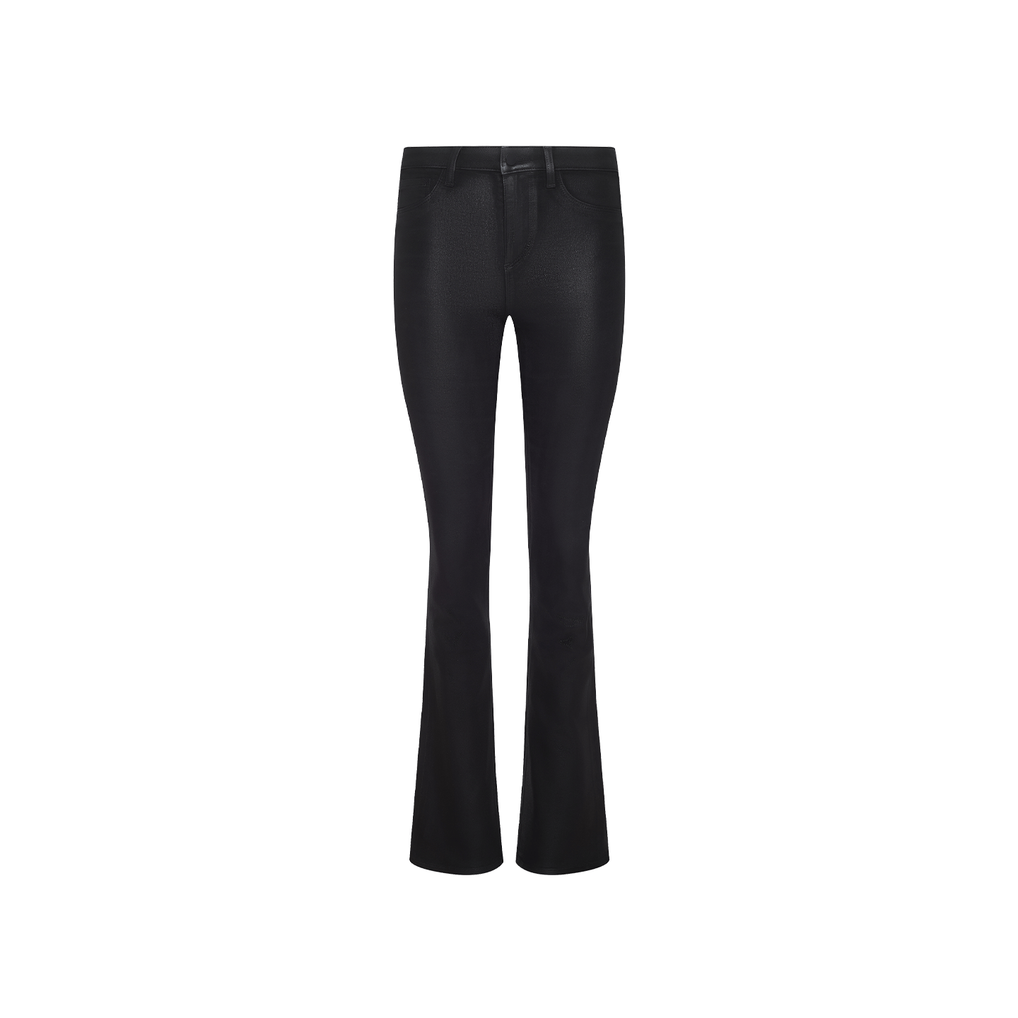 The Selma Feather Coated Jean is a black, high-waisted bootcut style crafted from feather coated denim, featuring front and back pockets, belt loops, and a button closure, displayed on a plain white background.