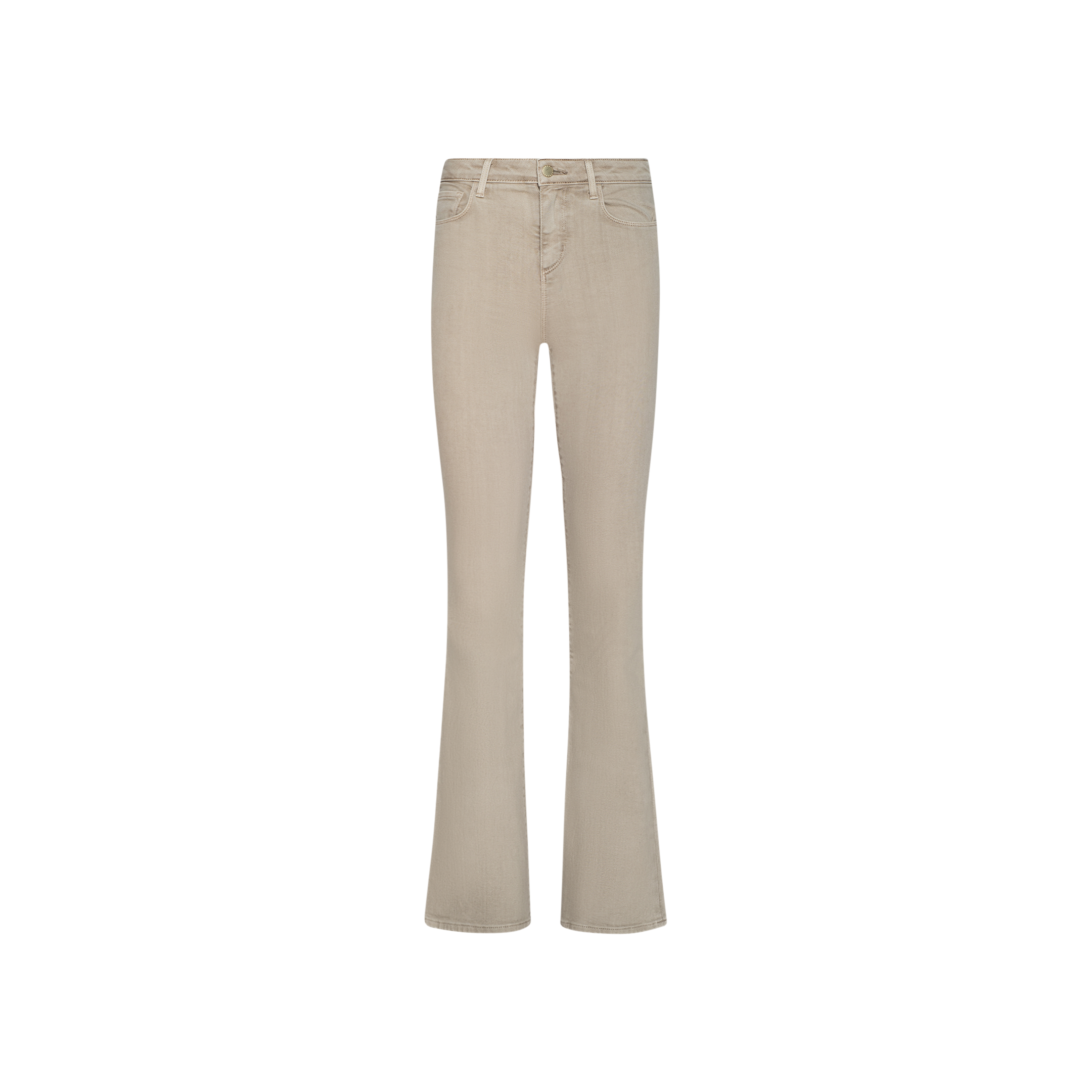 The Selma Bootcut Jean in beige features a high-waisted fit, straight-leg silhouette crafted from stretch denim, five pockets, belt loops, and a contoured waistband, presented against a plain white background.