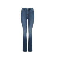 A pair of blue denim bootcut jeans featuring classic front and back pockets, button and zipper closure, displayed on a plain white background.
