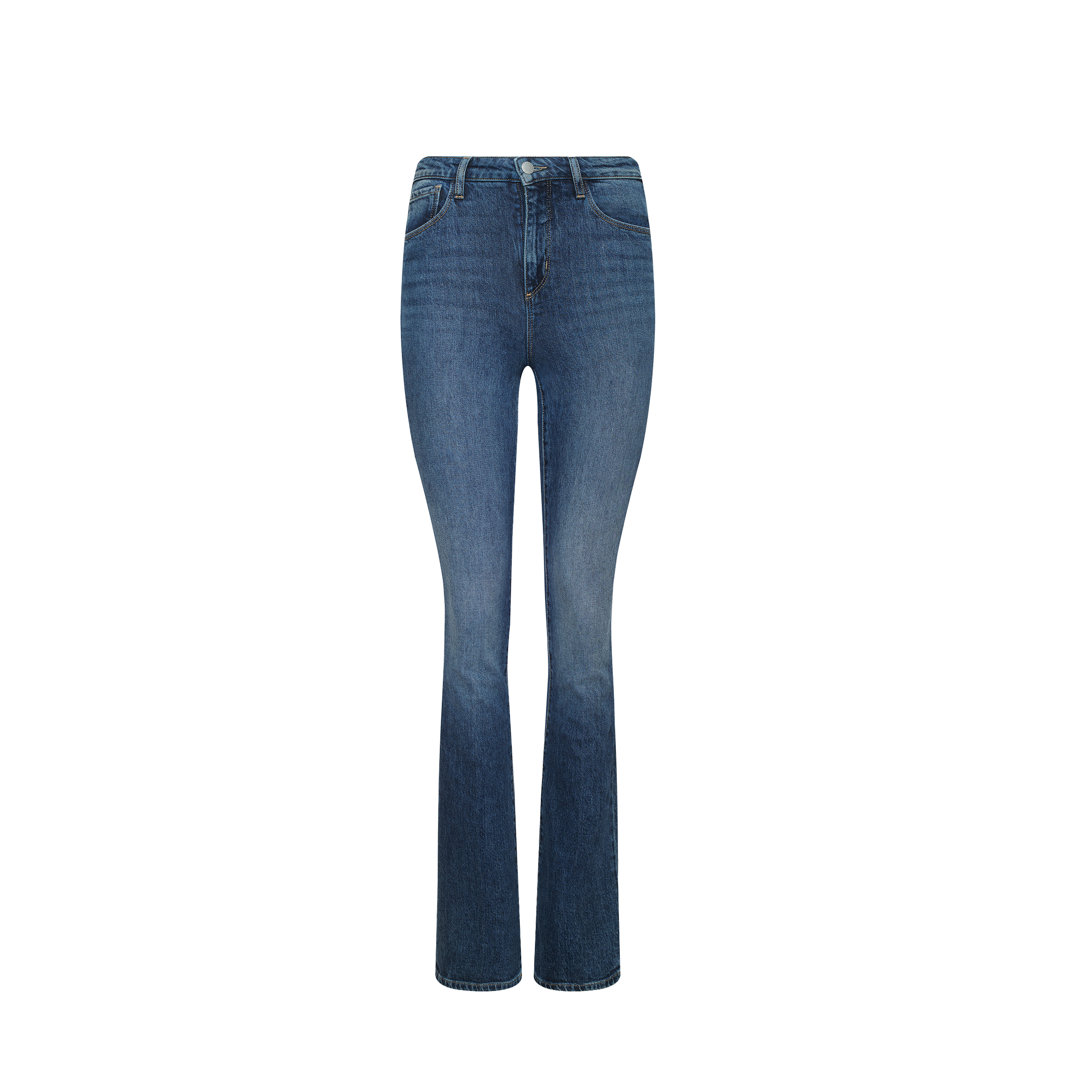A pair of blue denim bootcut jeans featuring classic front and back pockets, button and zipper closure, displayed on a plain white background.