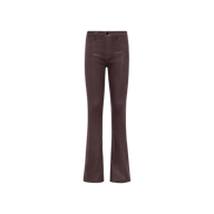 Selma Coated Bootcut Jean displayed against a plain white background. These chocolate brown pants feature front pockets, belt loops, and a button closure at the waist.