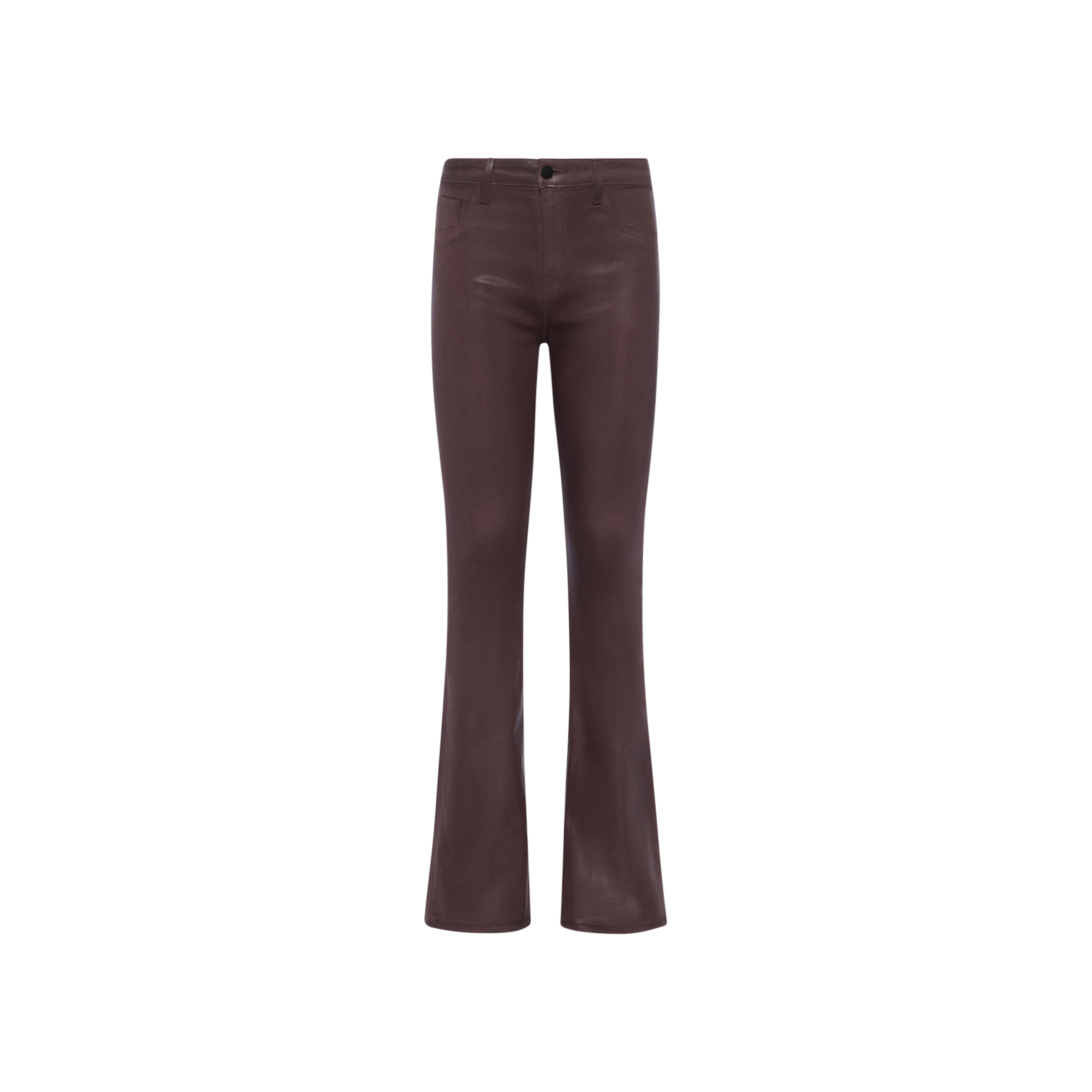 Selma Coated Bootcut Jean displayed against a plain white background. These chocolate brown pants feature front pockets, belt loops, and a button closure at the waist.