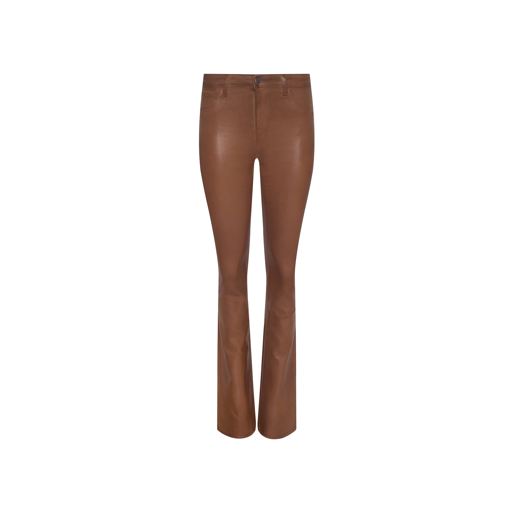 Selma Coated Bootcut Jean in brown, featuring a high-waisted, straight-leg bootcut silhouette, displayed from the front against a plain white background with button and fly closure visible.
