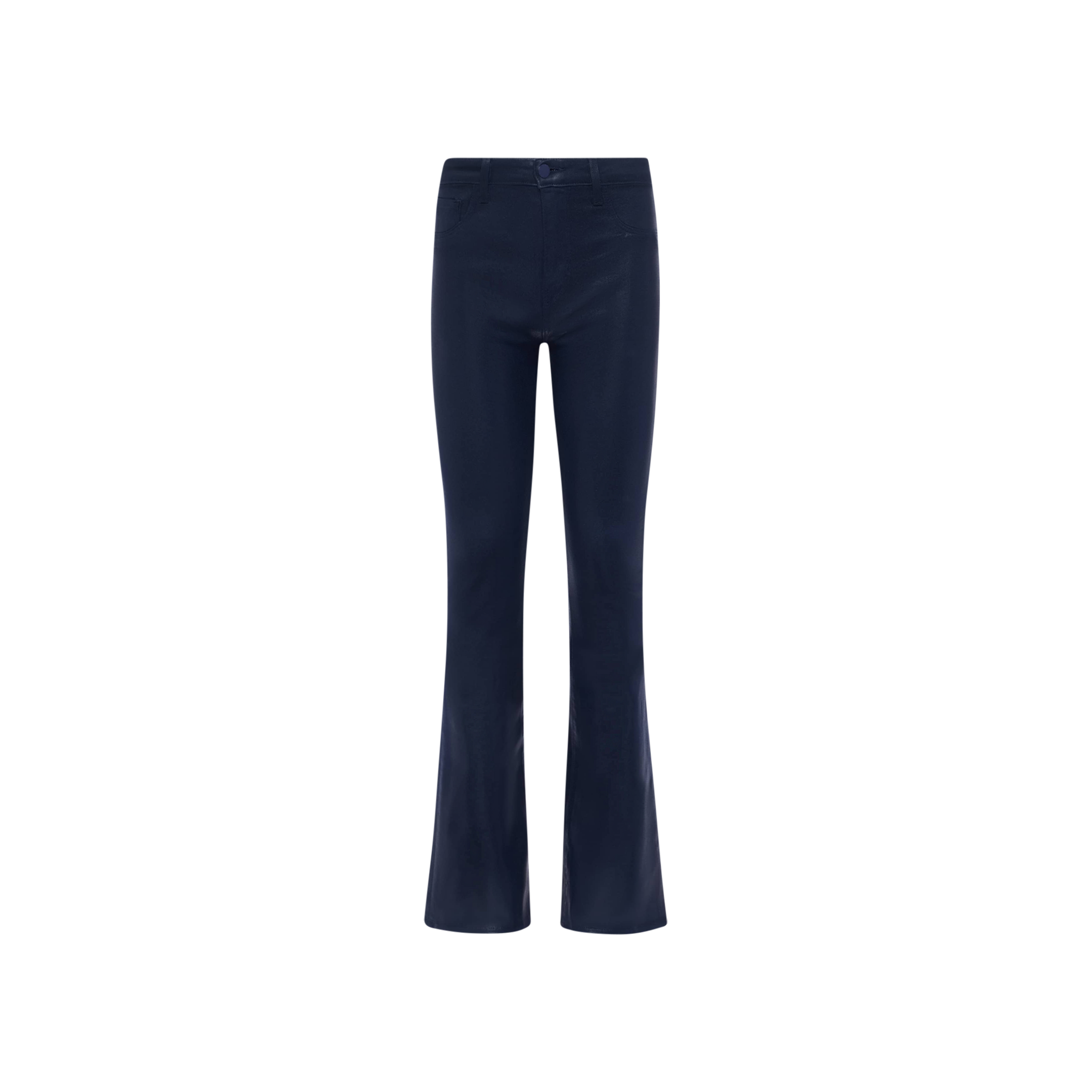 Selma Coated Bootcut Jean in dark blue, featuring a high-rise fit, baby bootcut silhouette, leather-alternative coated denim construction, front pockets, and button closure, displayed on a plain white background.