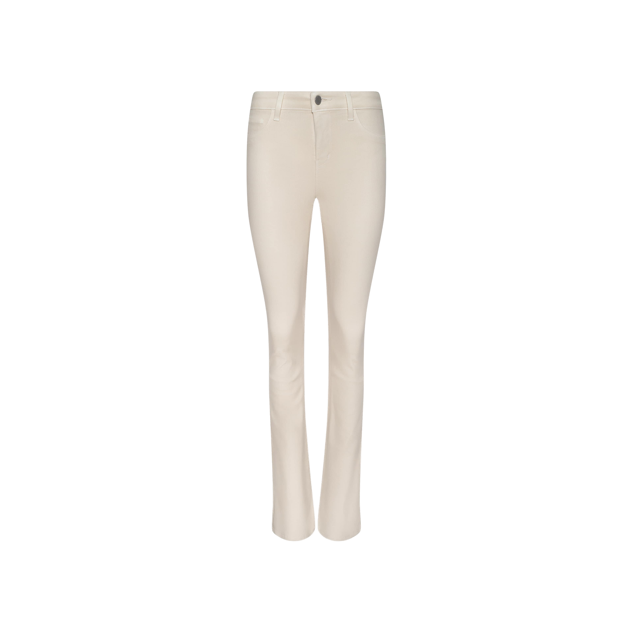 A pair of Selma Coated Bootcut Jeans in off-white, featuring a leather-look finish and straight-leg silhouette, displayed on a plain white background.