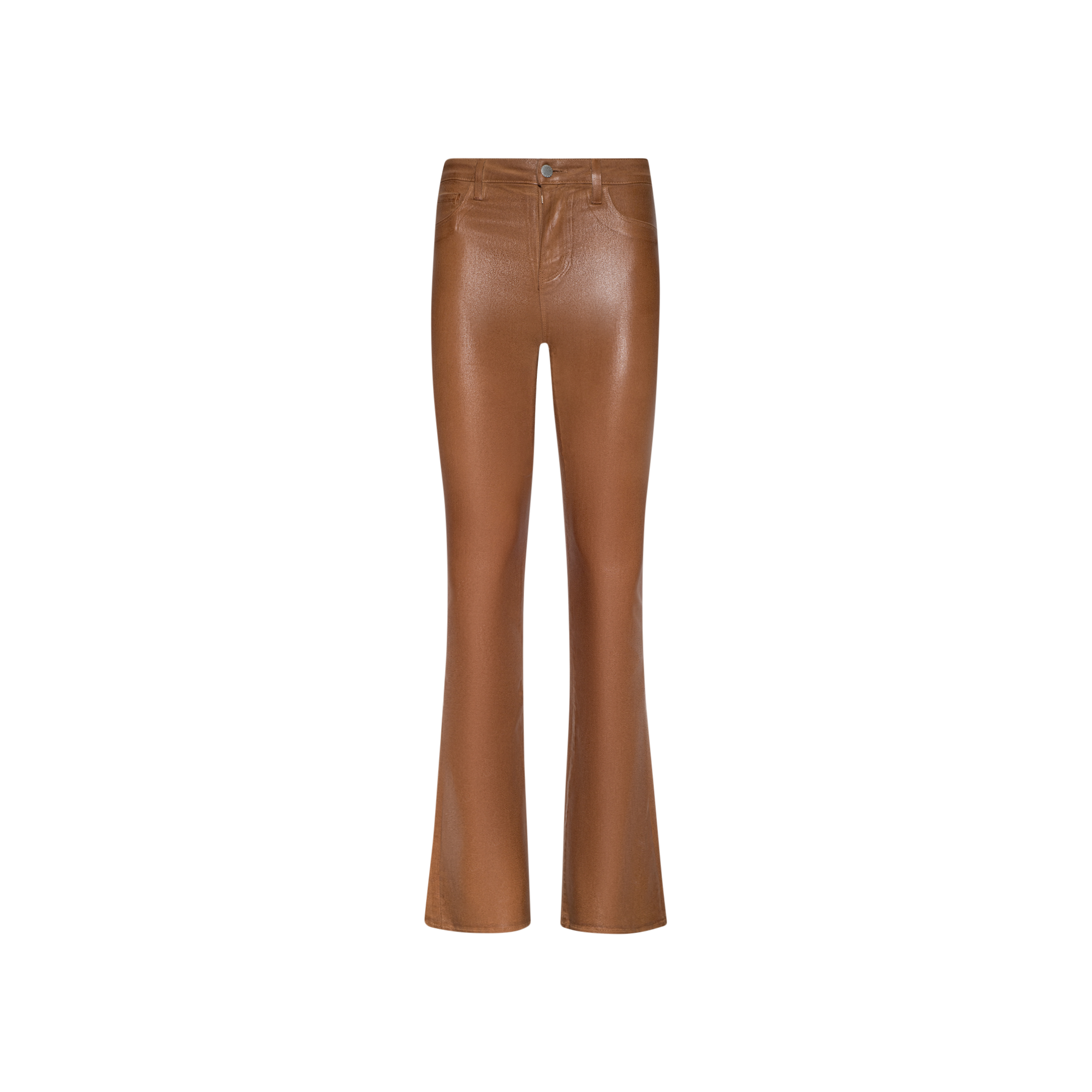 Selma Coated Bootcut Jean in dark java brown faux leather, featuring a high waist, bootcut silhouette, front pockets, and button closure, displayed against a plain white background.