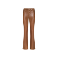 Selma Coated Bootcut Jean in dark java brown faux leather, featuring a high waist, bootcut silhouette, front pockets, and button closure, displayed against a plain white background.