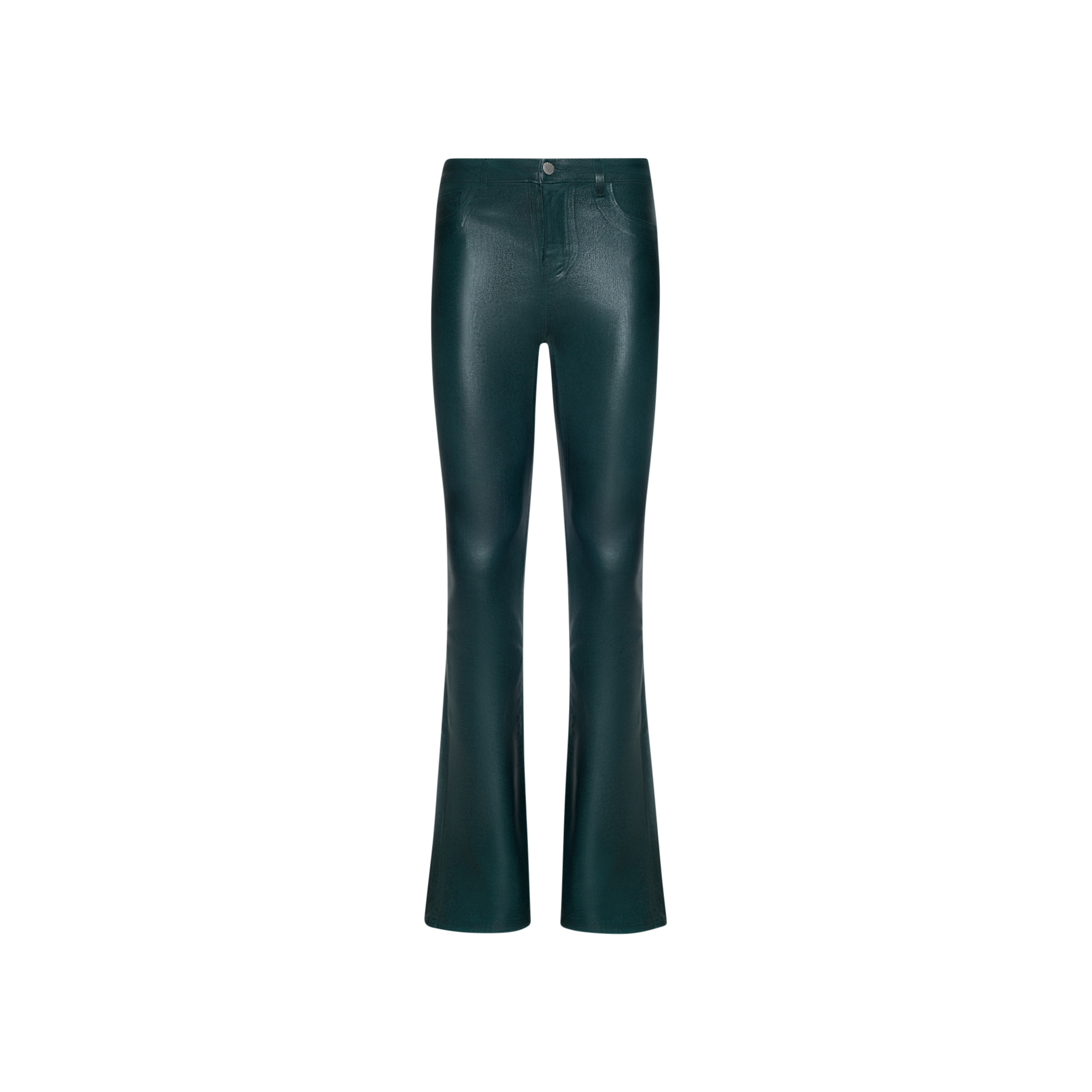 Selma Coated Bootcut Jean in dark green faux leather, featuring a straight-leg bootcut silhouette with front button and zipper closure, styled against a plain white background.