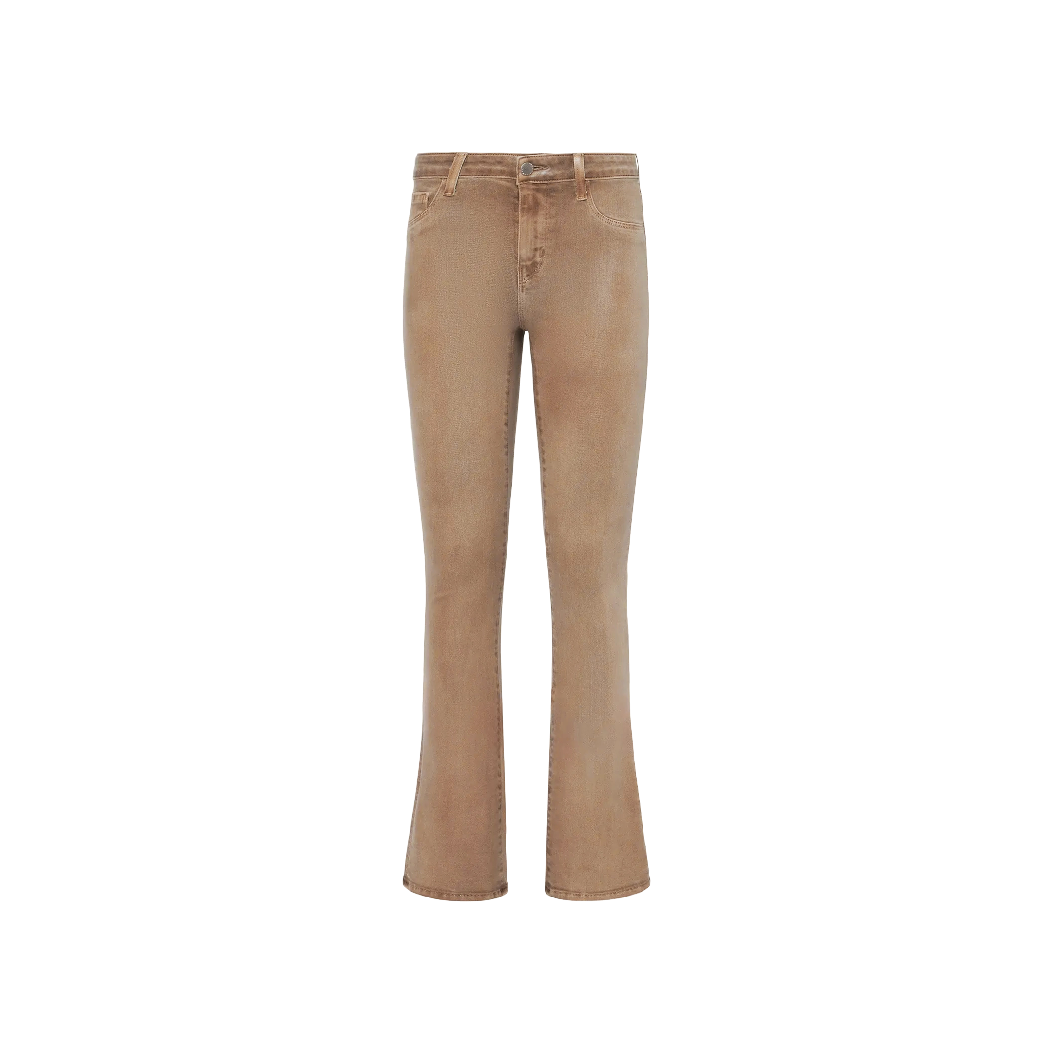Selma Coated Bootcut Jean in tan, showcased against a plain white background. Made from coated denim, this high-rise style features front pockets, belt loops, and a button-and-zipper closure.