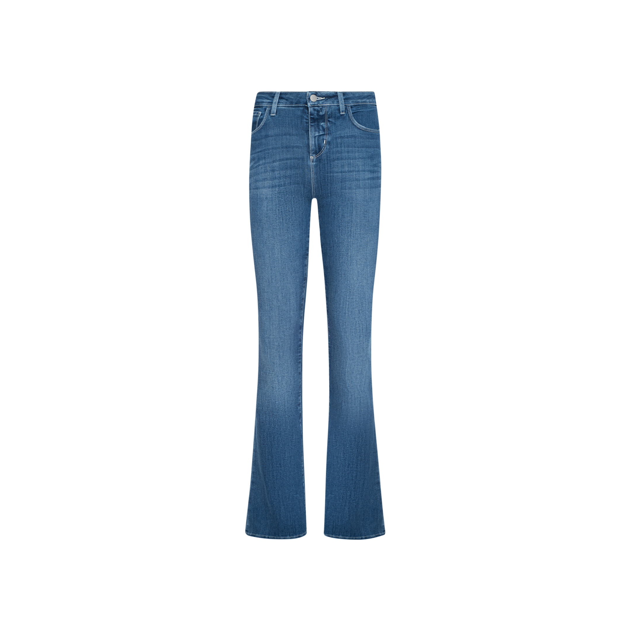 The Selma Bootcut Jean is a pair of dark wash blue denim jeans featuring a high waist and subtle flare at the legs, crafted from super stretch denim, and displayed against a plain white background.