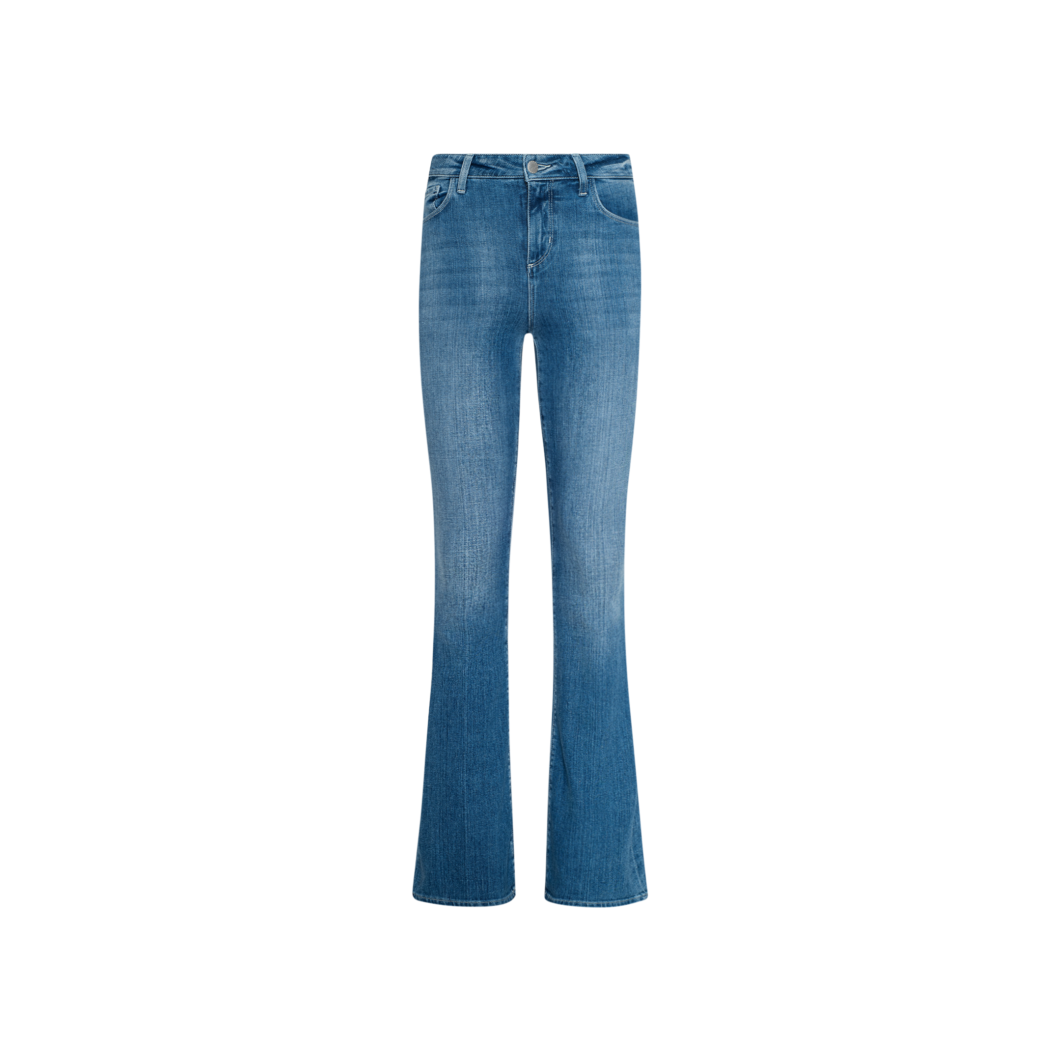 The Selma Bootcut Jean is a pair of medium wash jeans featuring a slight flare at the bottom, a classic five-pocket design, and a fitted waist, displayed against a plain white background.
