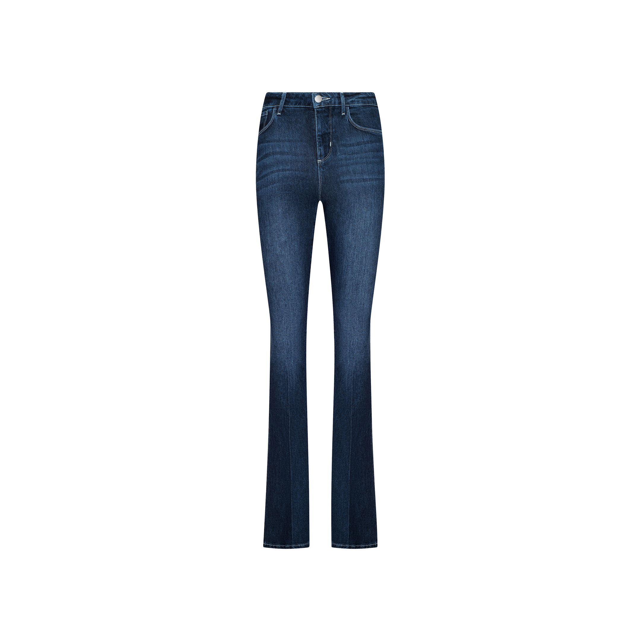 The Marty Flare Jean is crafted from stretch denim in dark blue, featuring a high-rise waist, flare-leg silhouette, and both front and back pockets, shown against a plain white background.