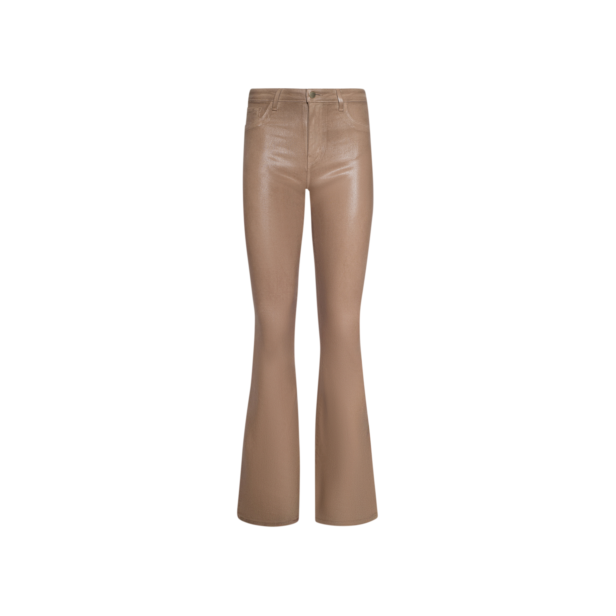 The Marty Coated Flare Jean features a high-waisted fit in a tan leather alternative, with button and zip closure, belt loops, and front and back pockets, displayed on a white background.