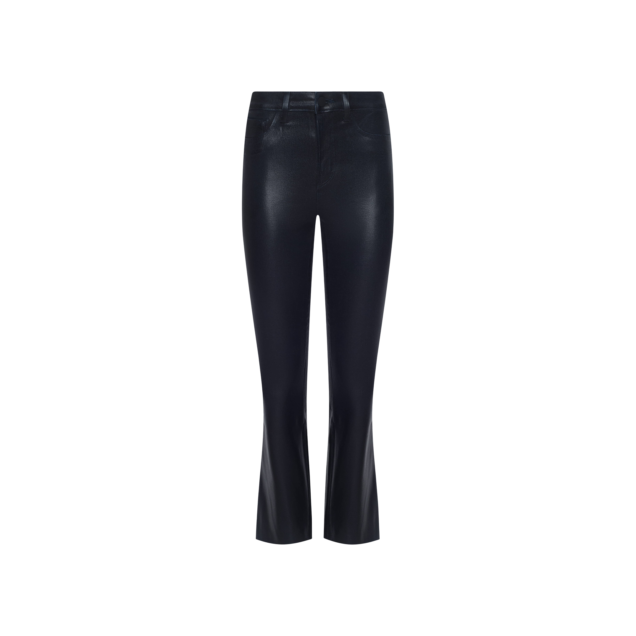 The Kendra Coated Cropped Flare Jean is a pair of black faux leather pants with a subtle flare at the hem, displayed against a plain white background. These high-rise jeans feature front seams and a sleek, shiny finish that evokes the look of coated denim.