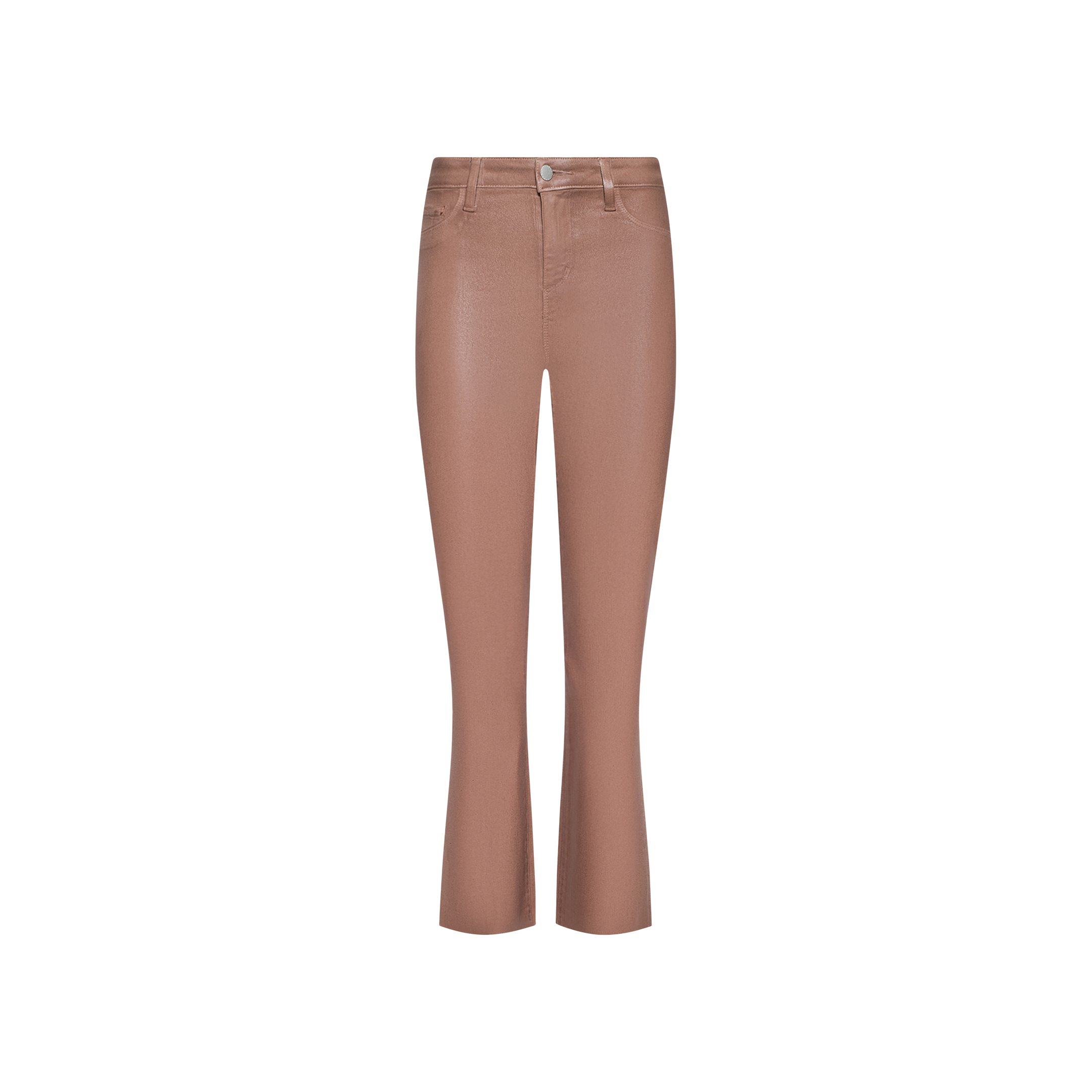 The Kendra Coated Cropped Flare Jean is a high-rise, light brown pant crafted from coated denim. Featuring a button and zip closure, these slightly flared jeans include both front and back pockets and are displayed on a plain white background.