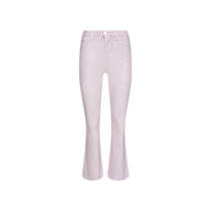 The Kendra Coated Cropped Flare Jean in light pink features a high-rise fit with a front button and zip closure, displayed against a plain white background.