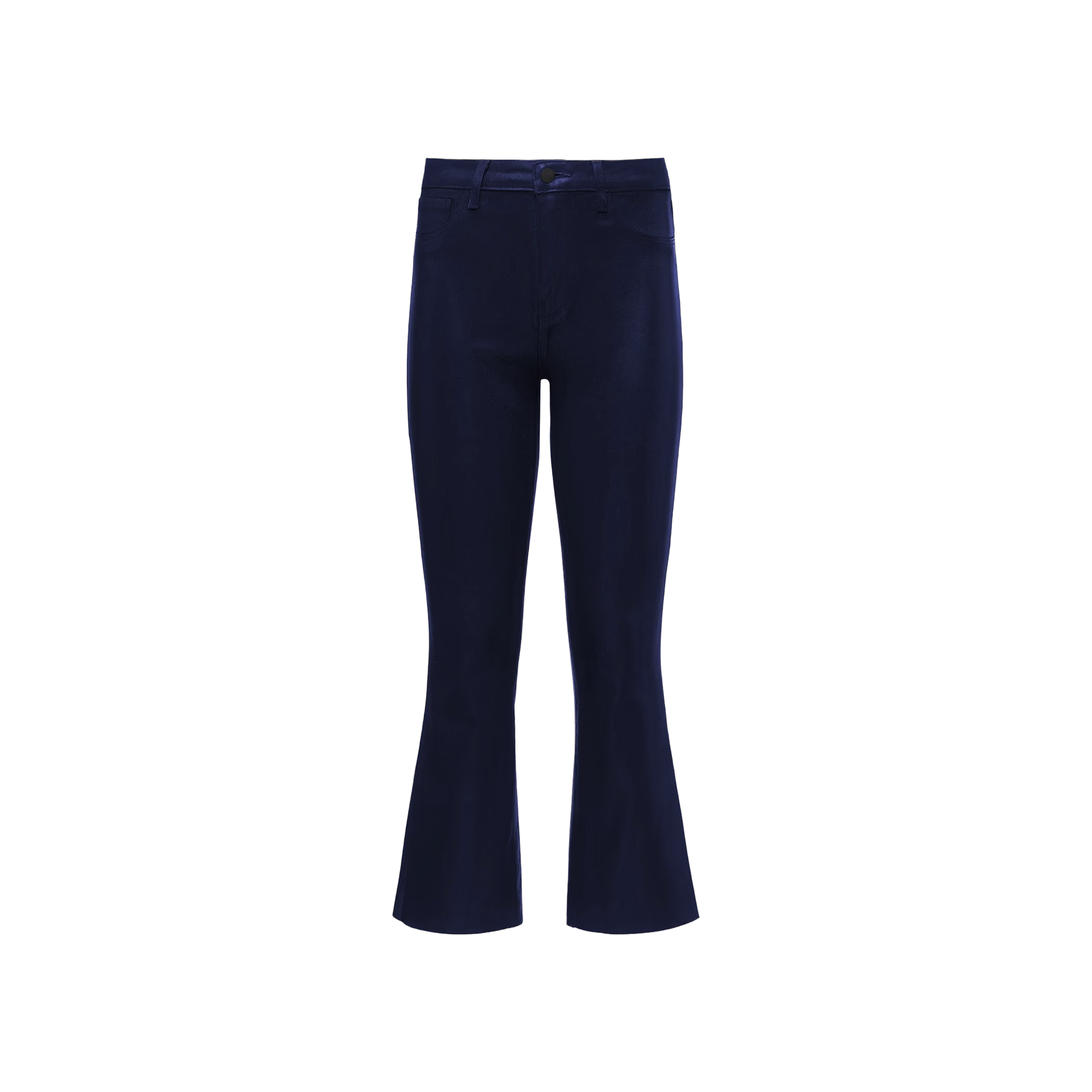 Kendra Coated Cropped Flare Jean in dark blue, featuring a premium high-waist design and slightly flared cropped legs, displayed against a plain white background.