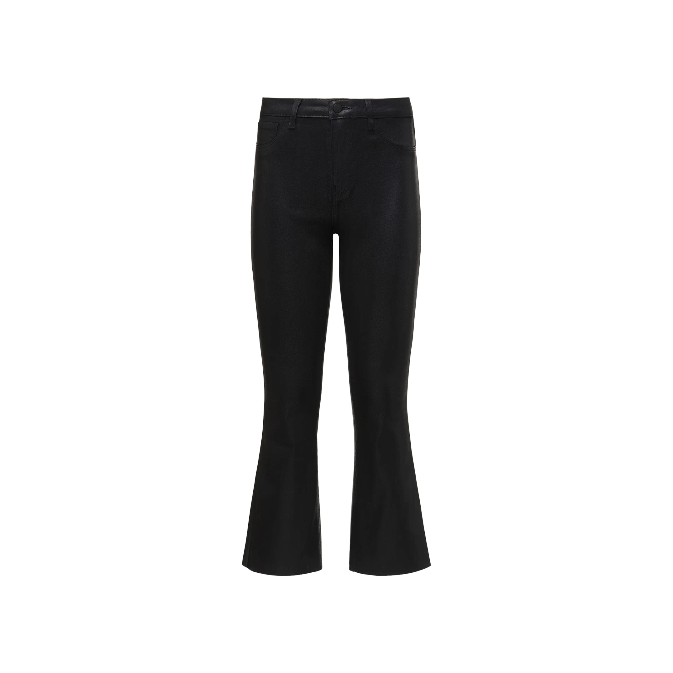Kendra Coated Cropped Flare Jean displayed on a plain white background. These high rise jeans feature a classic five-pocket design, slightly flared legs, and a modern cropped flare silhouette.