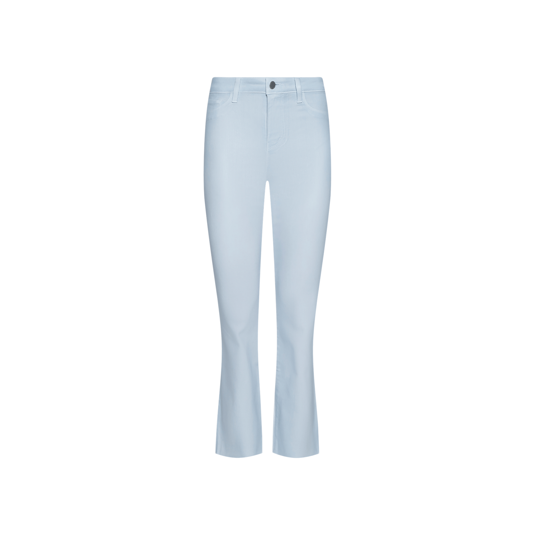 The Kendra Coated Cropped Flare Jean in light blue features a high-rise fit with a button and zipper closure, front and back pockets, and is shown on a plain white background.