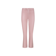 Kendra Coated Cropped Flare Jean featuring a pink hue, button and zip closure, belt loops, front pockets, and crafted from a leather-alternative fabric is displayed on a white background.