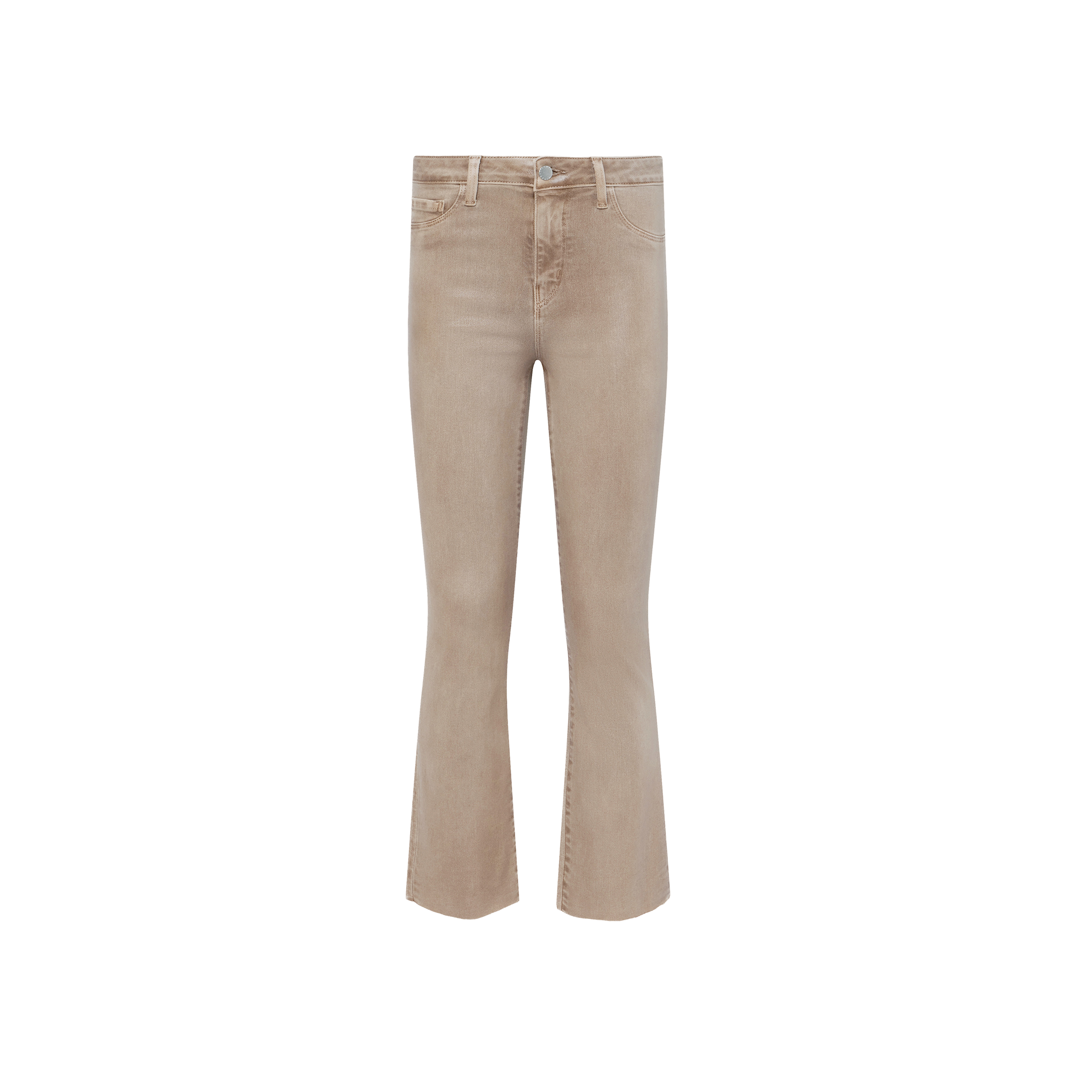 Kendra Coated Cropped Flare Jean in beige, featuring a high-rise fit, five-pocket design, and button closure, displayed on a plain white background.