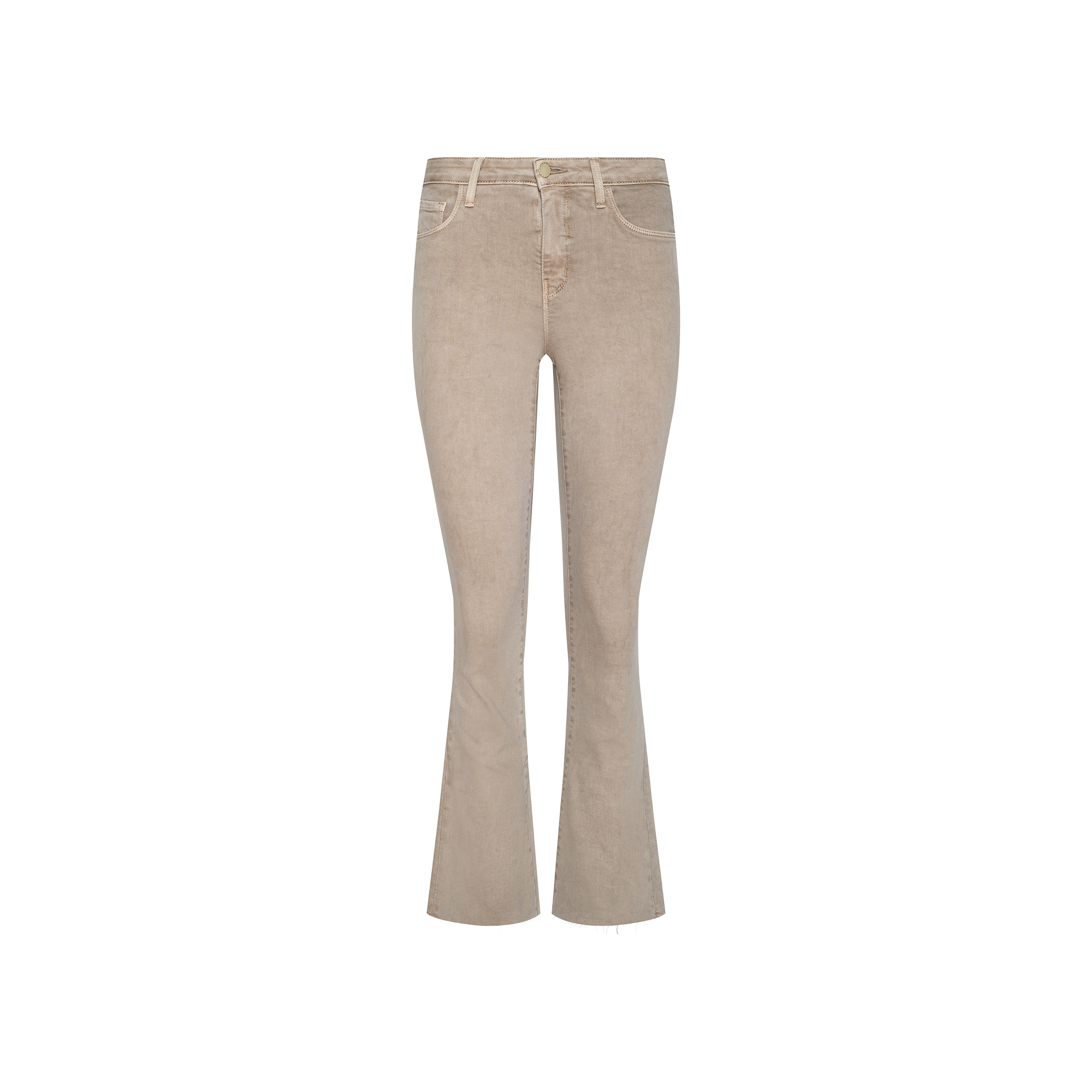 The Kendra Cropped Flare Jean, crafted from super stretch denim in beige, features a high-waisted fit, front pockets, button and zipper closure, and visible stitching details, displayed on a plain white background.