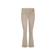 The Kendra Cropped Flare Jean, crafted from super stretch denim in beige, features a high-waisted fit, front pockets, button and zipper closure, and visible stitching details, displayed on a plain white background.